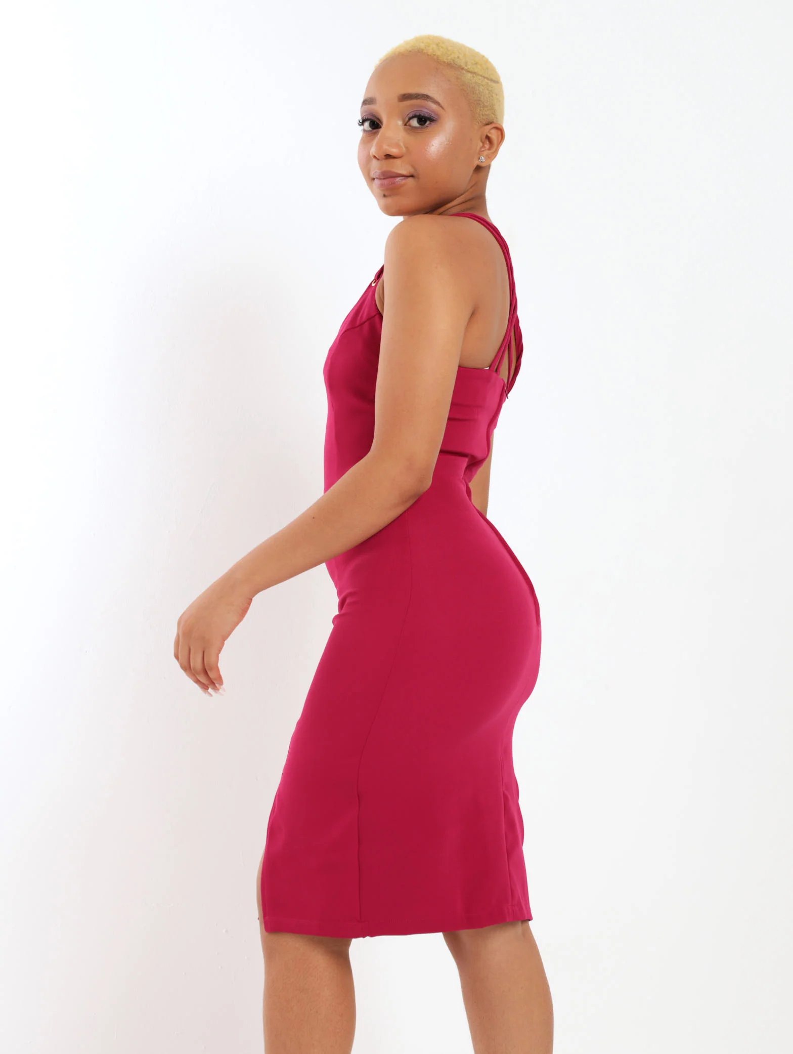 Eyelet Detail Bodycon Dress - Magenta - Image 2