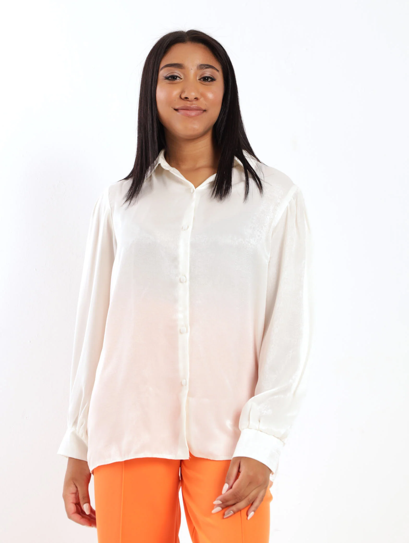 Fancy Button Through Satin Top - Milk - Image 4