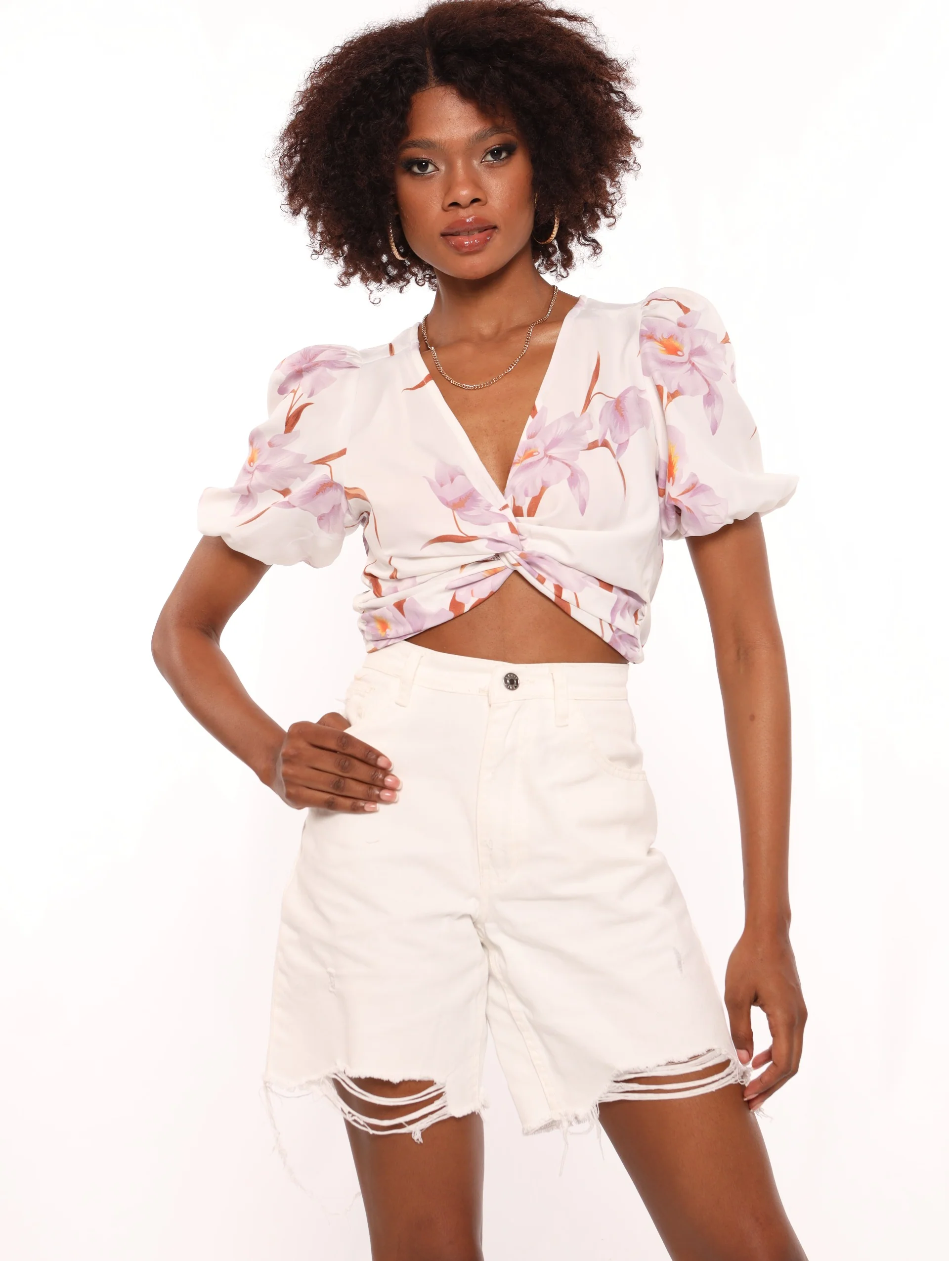 Floral Knot Front Puff Sleeve Blouse - Image 2