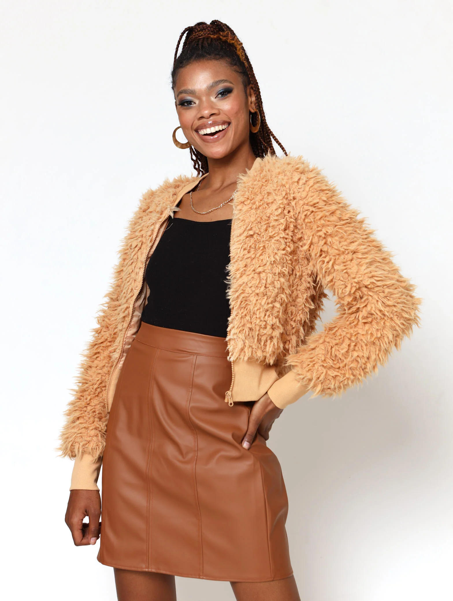 Fluffy  Bomber Jacket - Stone - Image 2