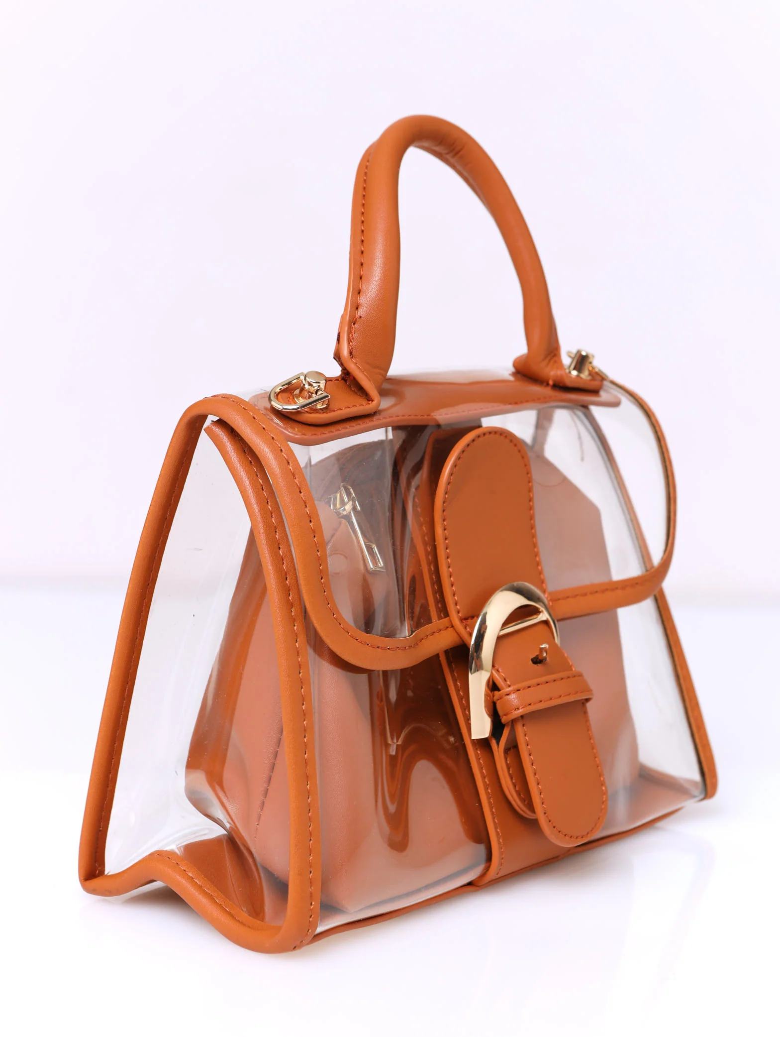 Front Buckle Vinyl Satchel Bag - Tan