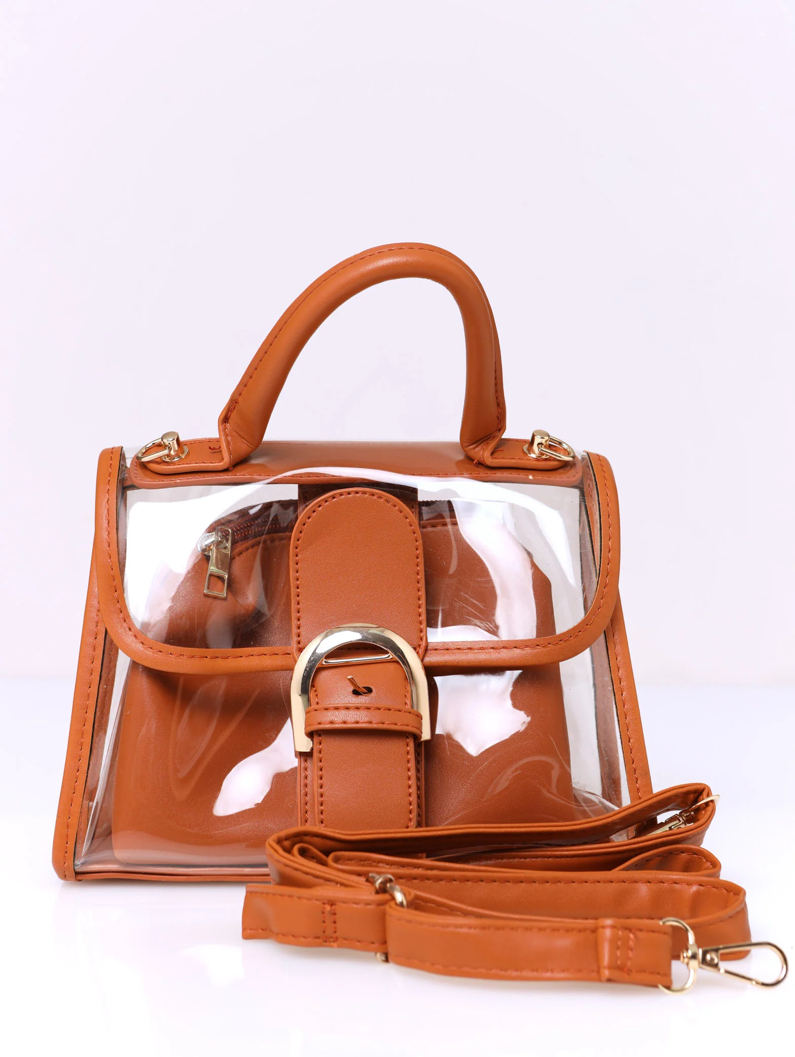 Front Buckle Vinyl Satchel Bag - Tan - Image 4