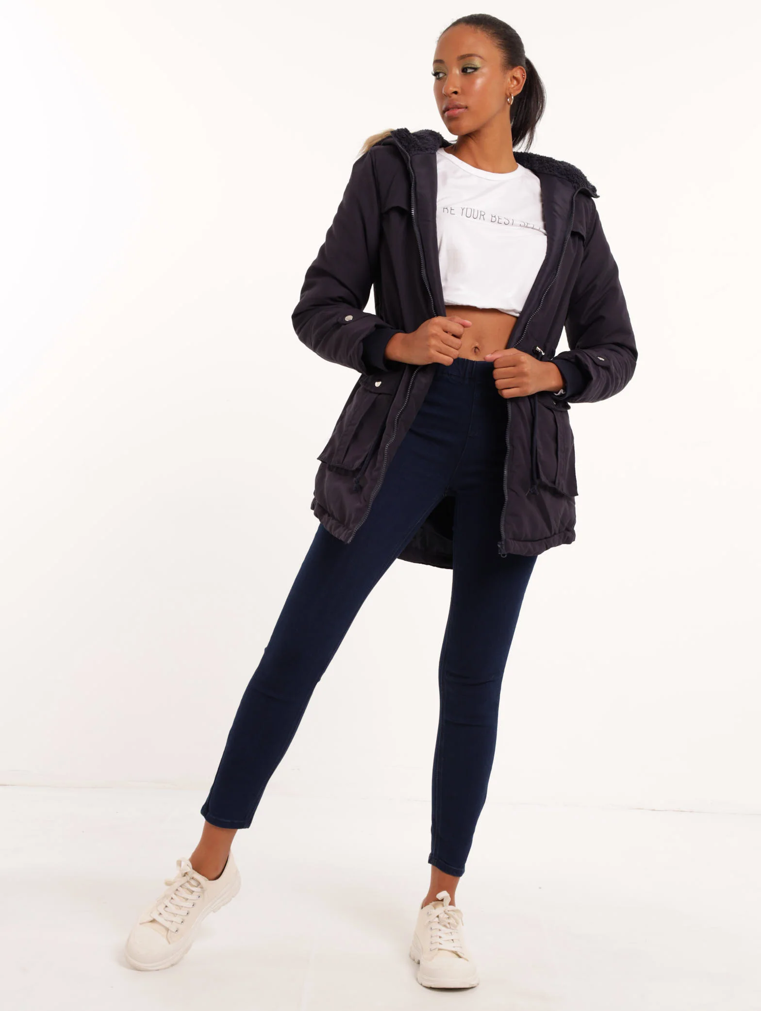 Fur Trim Padded Parker Jacket - Navy - Image 2