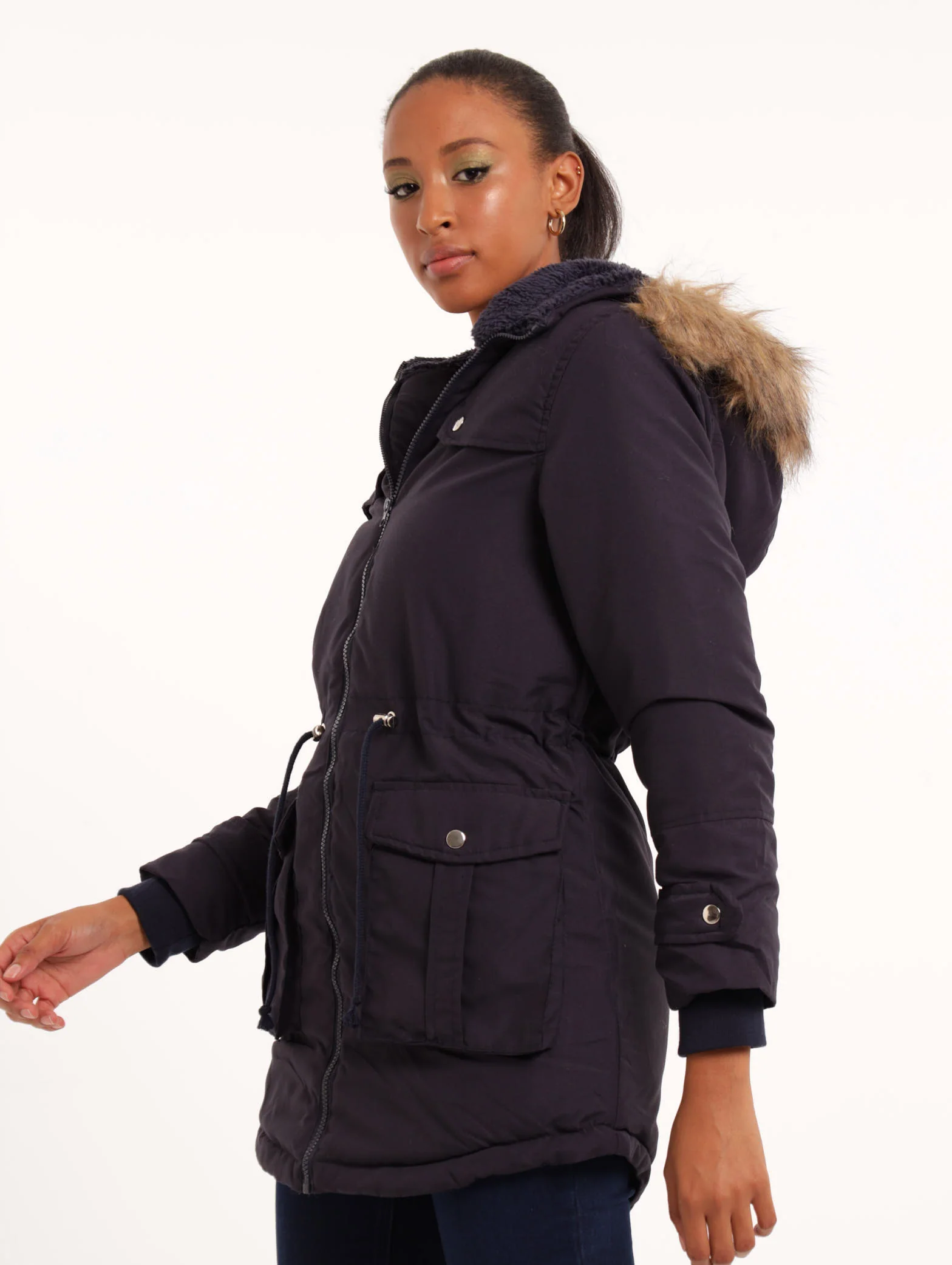 Fur Trim Padded Parker Jacket - Navy - Image 3