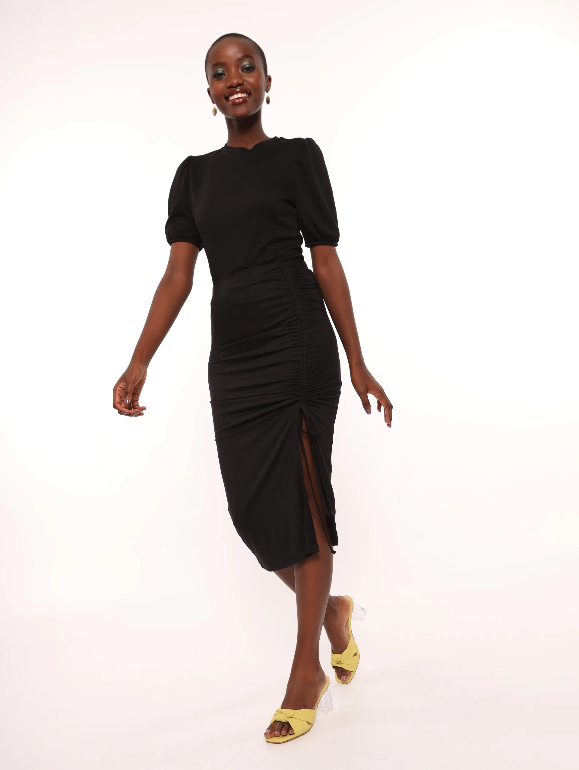 Gauged Side Front Midi Skirt - Black - Image 2