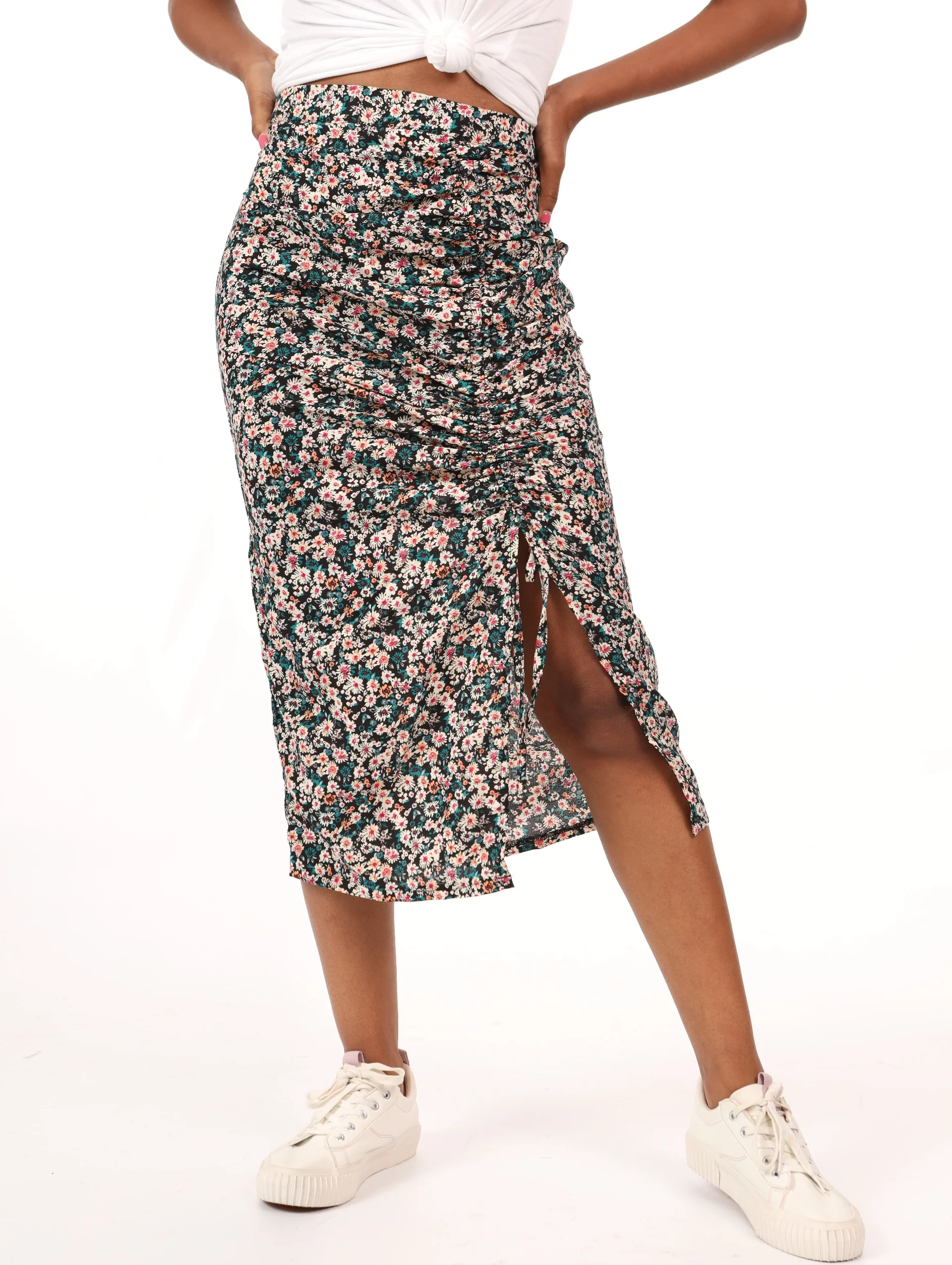 Gauged Thigh Midi Skirt