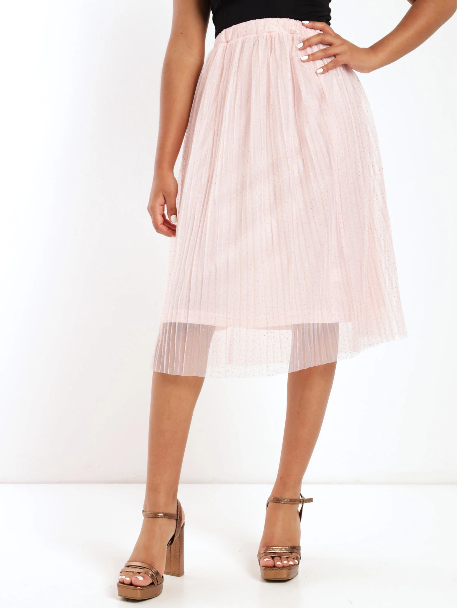Glitter Mesh Midi Skirt - Blush