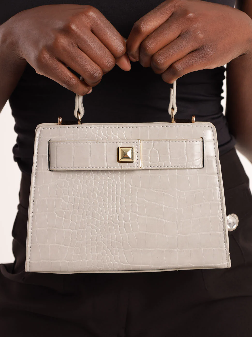 Gold Clasp Croc Satchel Bag - Grey