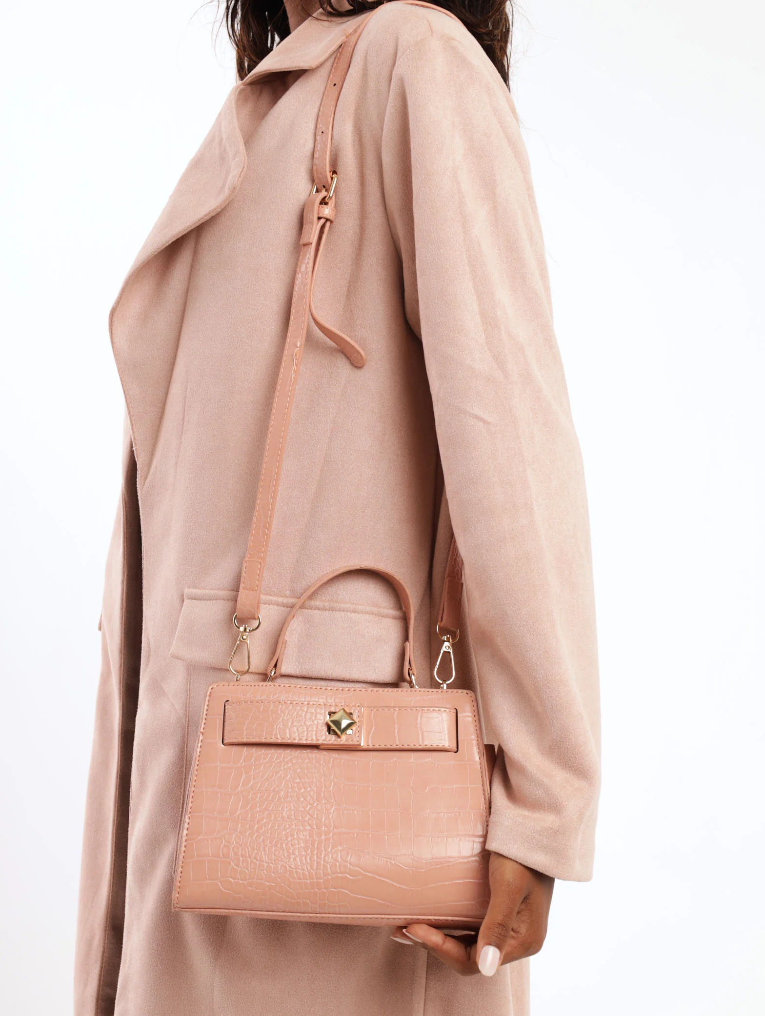 Gold Clasp Croc Satchel - Pink - Image 2
