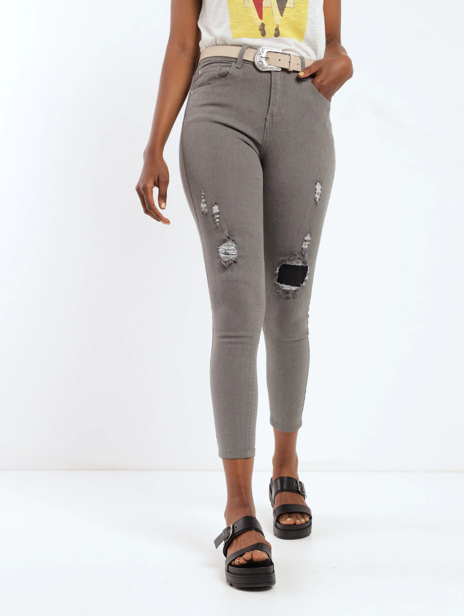 Grey Hi-Waist Belted Rip & Repair Skinny Denim Jean