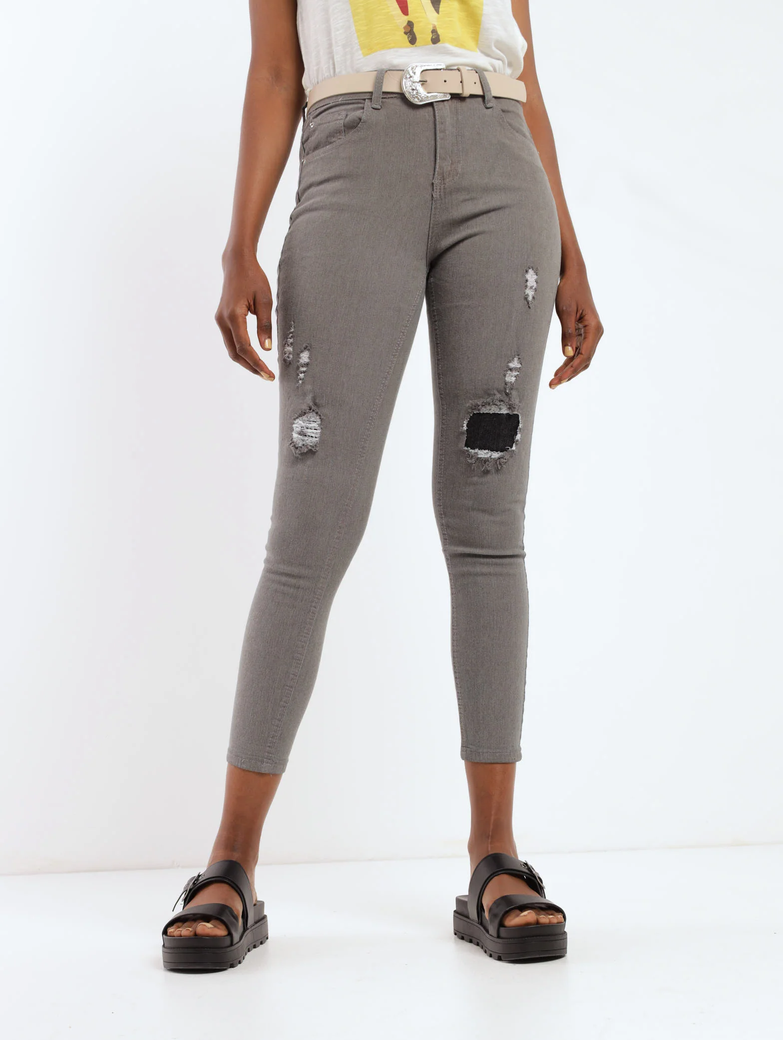 Grey Hi-Waist Belted Rip & Repair Skinny Denim Jean - Image 2