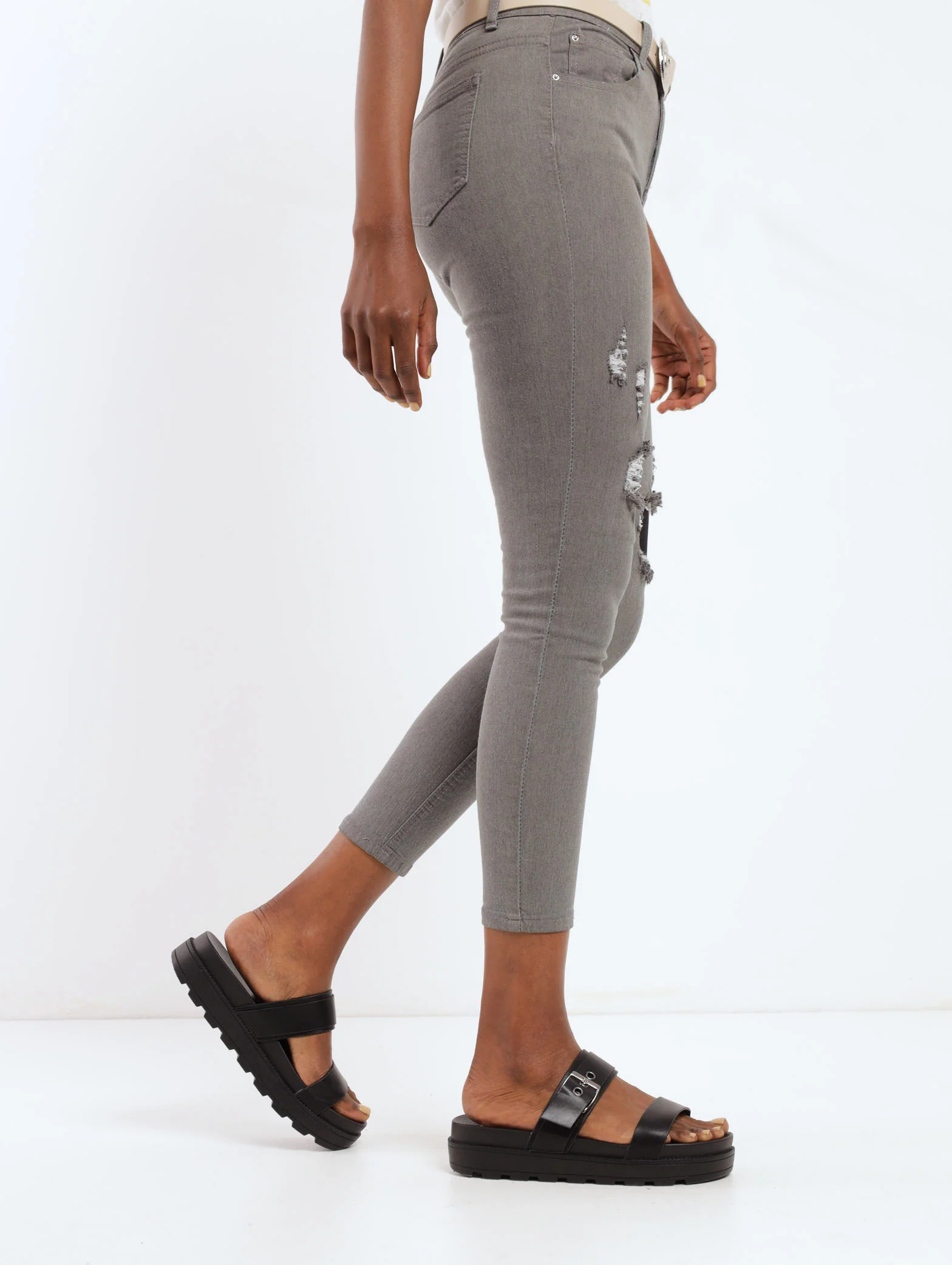 Grey Hi-Waist Belted Rip & Repair Skinny Denim Jean - Image 3