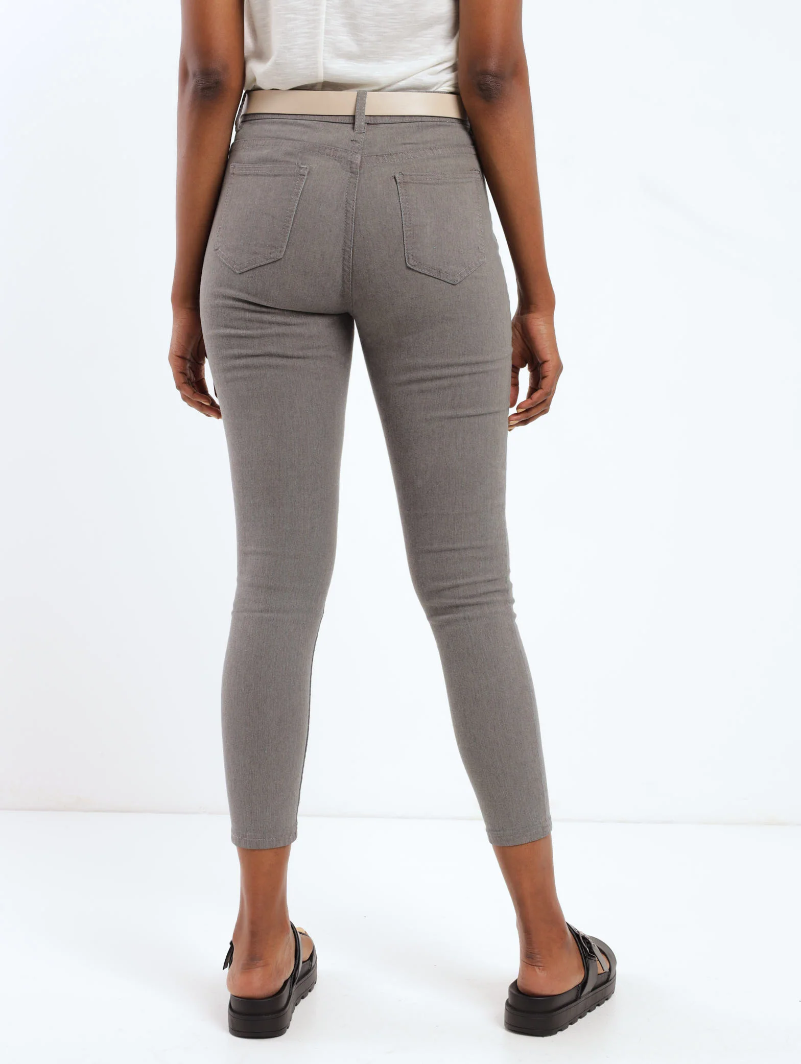 Grey Hi-Waist Belted Rip & Repair Skinny Denim Jean - Image 4