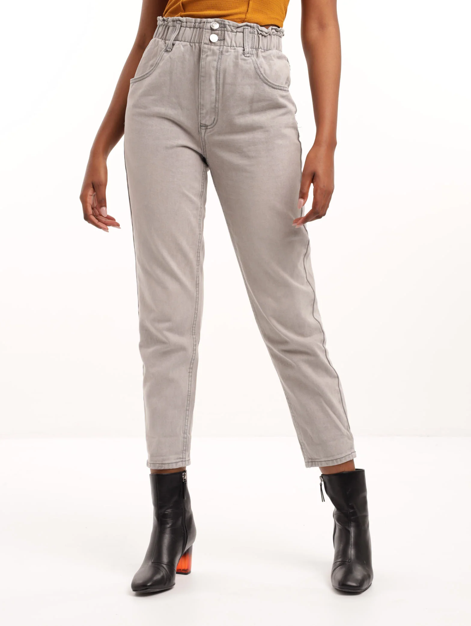Grey Paperbag Double Button Mom Denim Jean