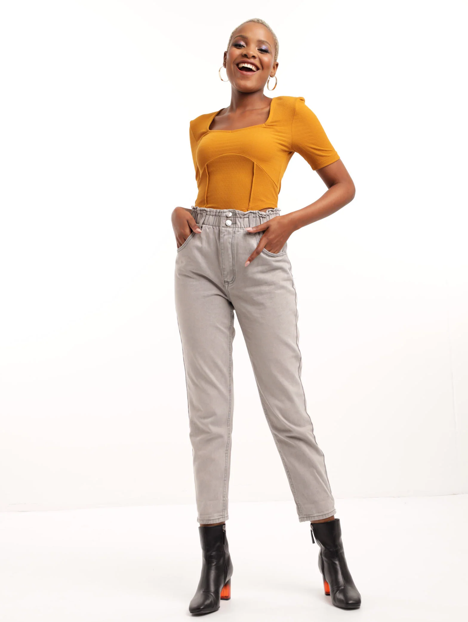 Grey Paperbag Double Button Mom Denim Jean - Image 2