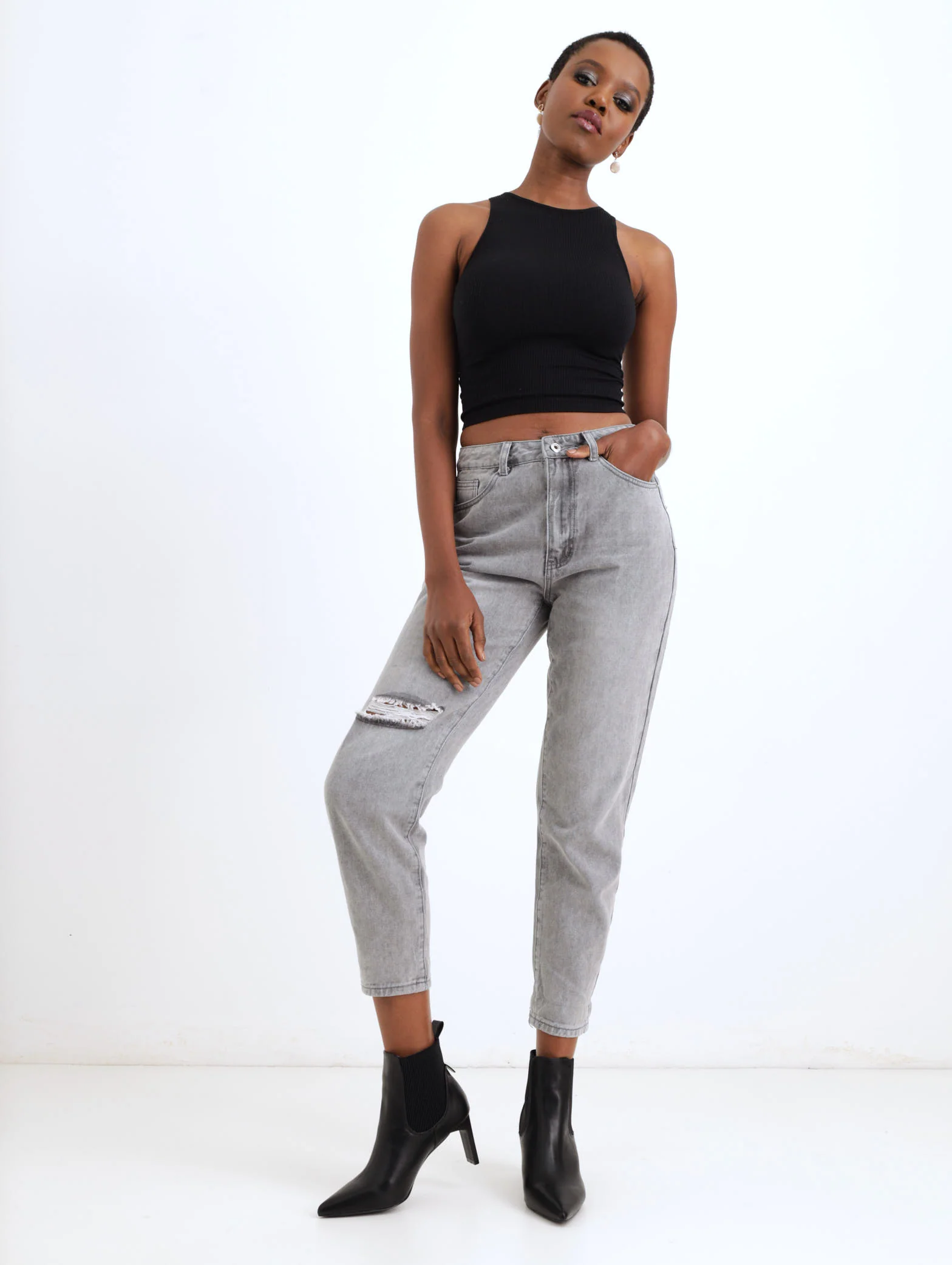 Grey Slash Knee Mom Denim Jean - Image 2