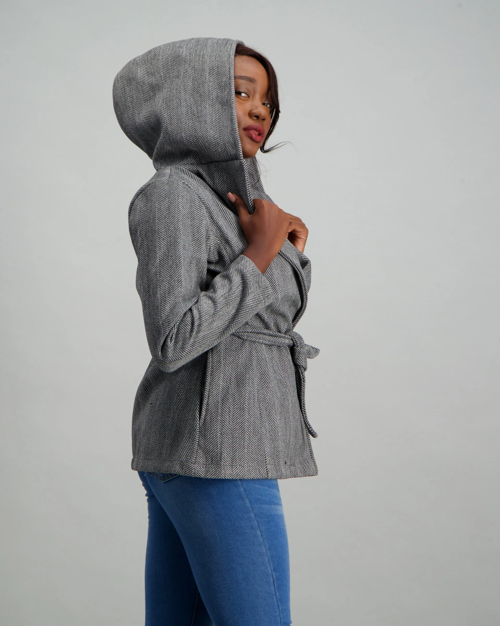 Herringbone Hooded Coat - Charcoal Melange - Image 3