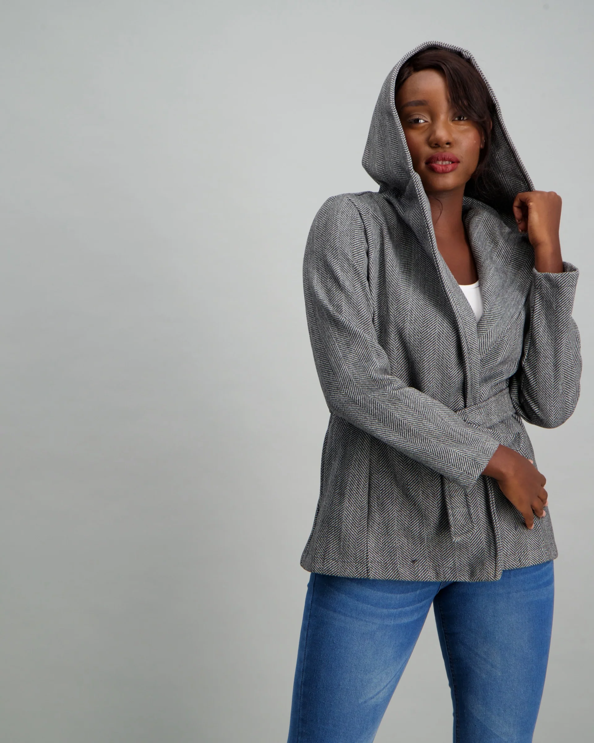 Herringbone Hooded Coat - Charcoal Melange - Image 4