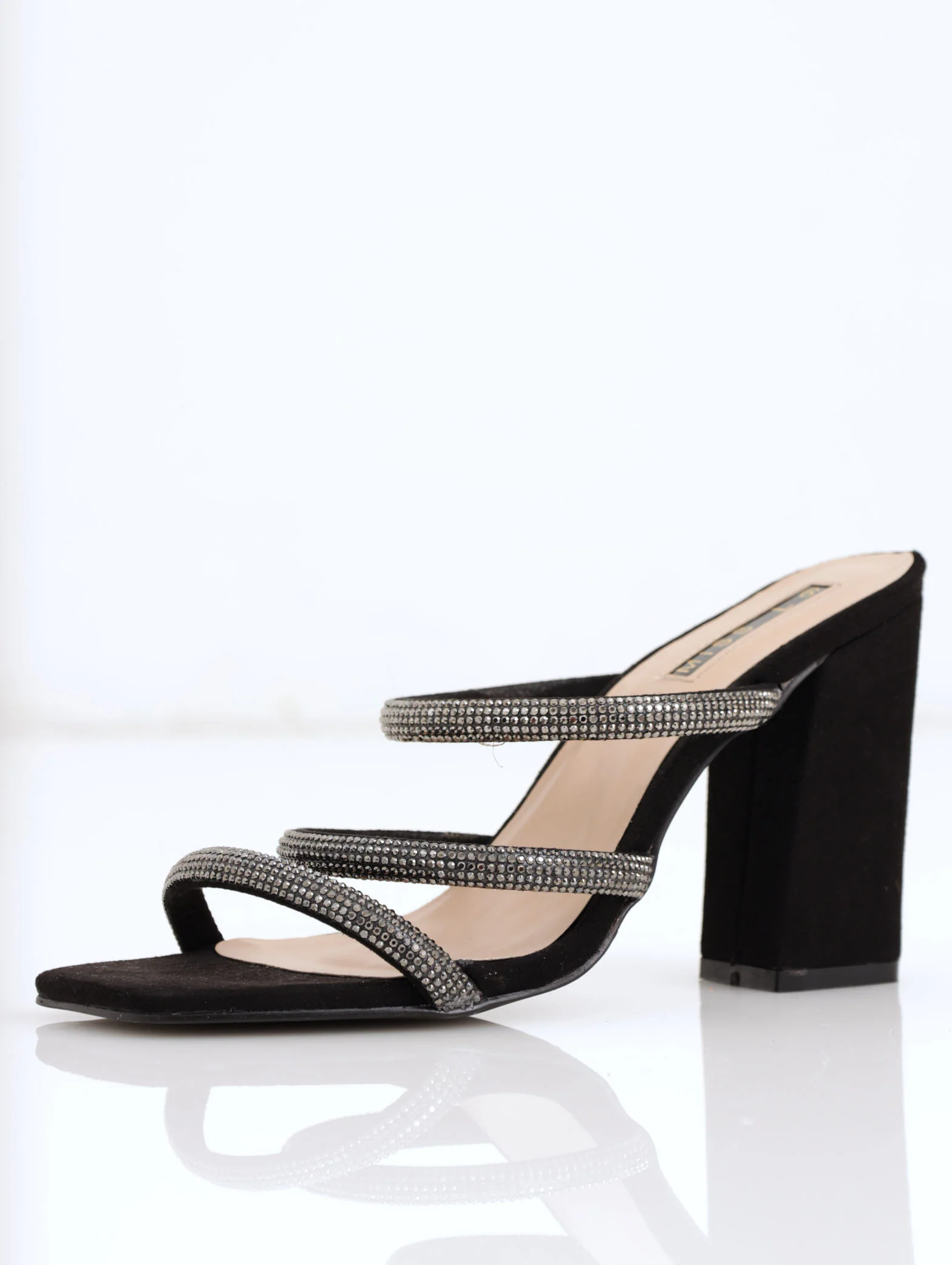 Hi-Block Three Tube Diamante Strap Mule Heel - Black - Image 2