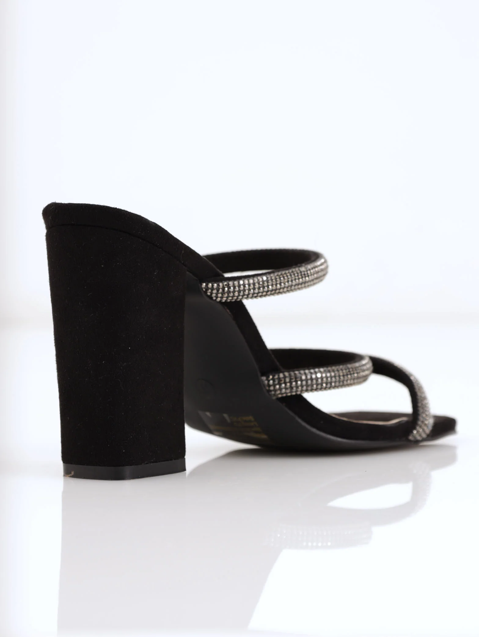 Hi-Block Three Tube Diamante Strap Mule Heel - Black - Image 3