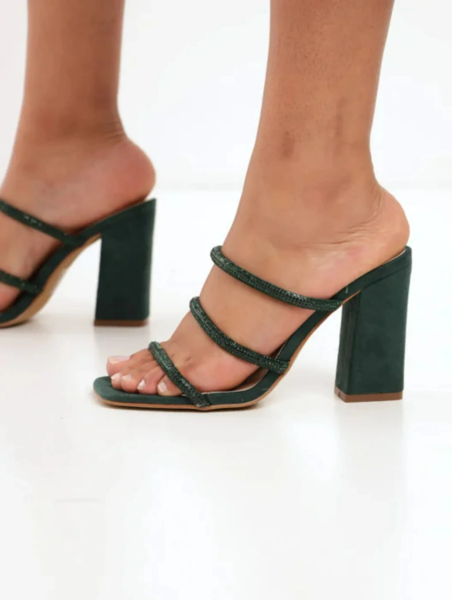 Hi-Block Three Tube Diamante Strap Mule Heel - Bottle - Image 2