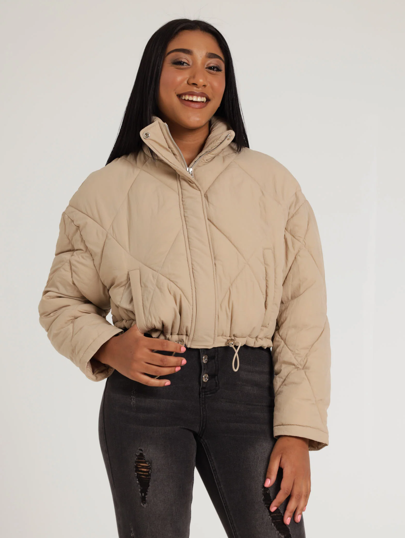 Hi Neck Bomber Jacket - Stone