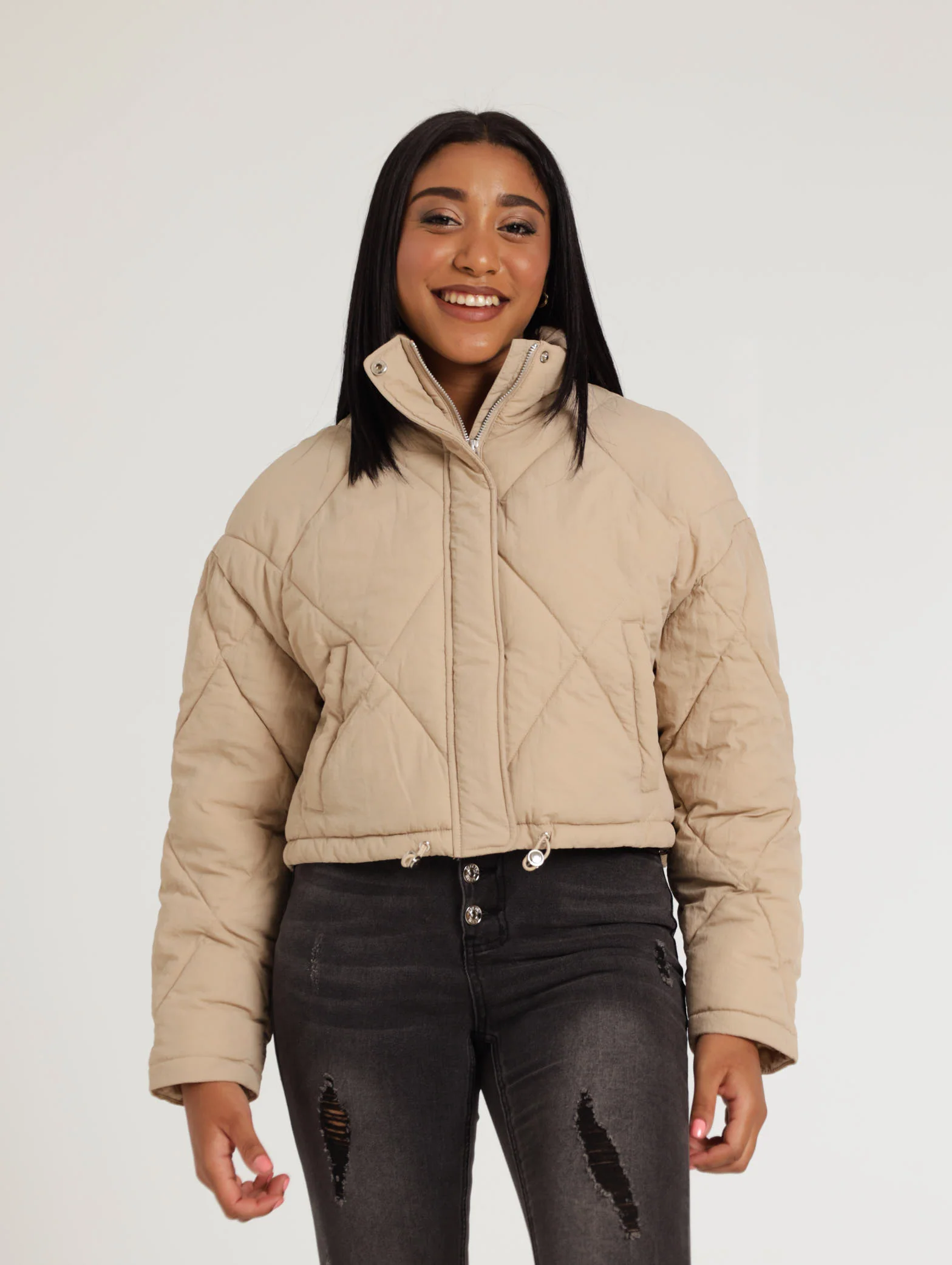 Hi Neck Bomber Jacket - Stone - Image 2