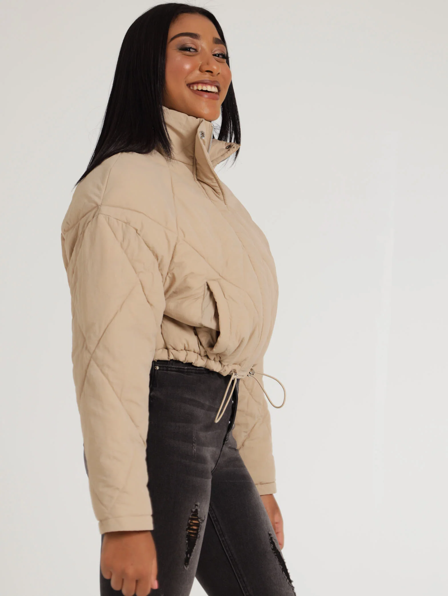 Hi Neck Bomber Jacket - Stone - Image 3
