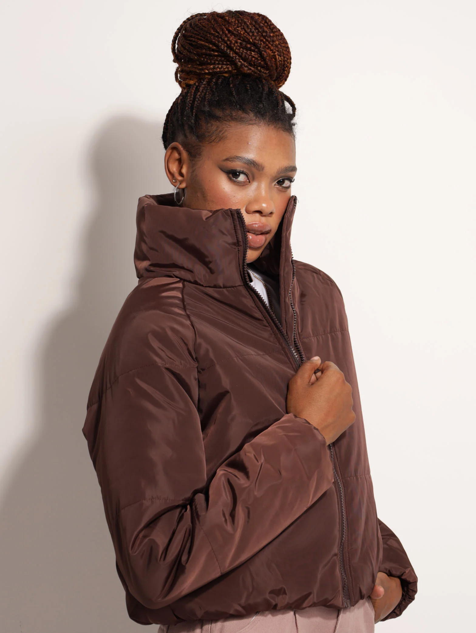Hi-Neck Puffer Jacket - Brown - Image 3
