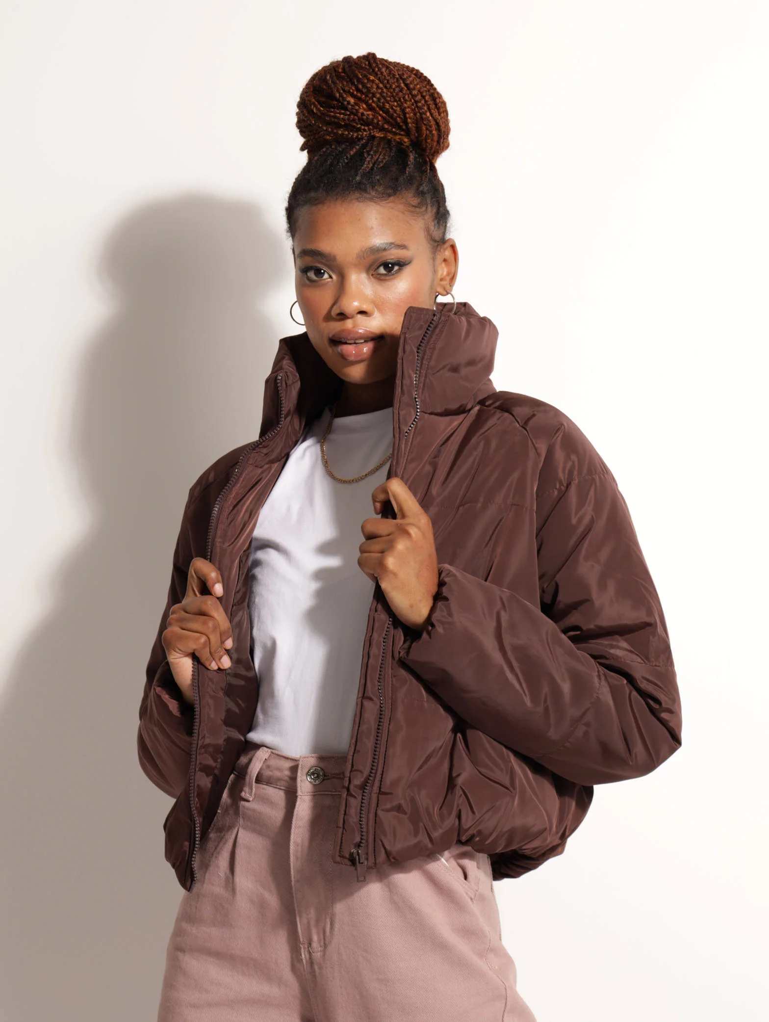 Hi-Neck Puffer Jacket - Brown - Image 5