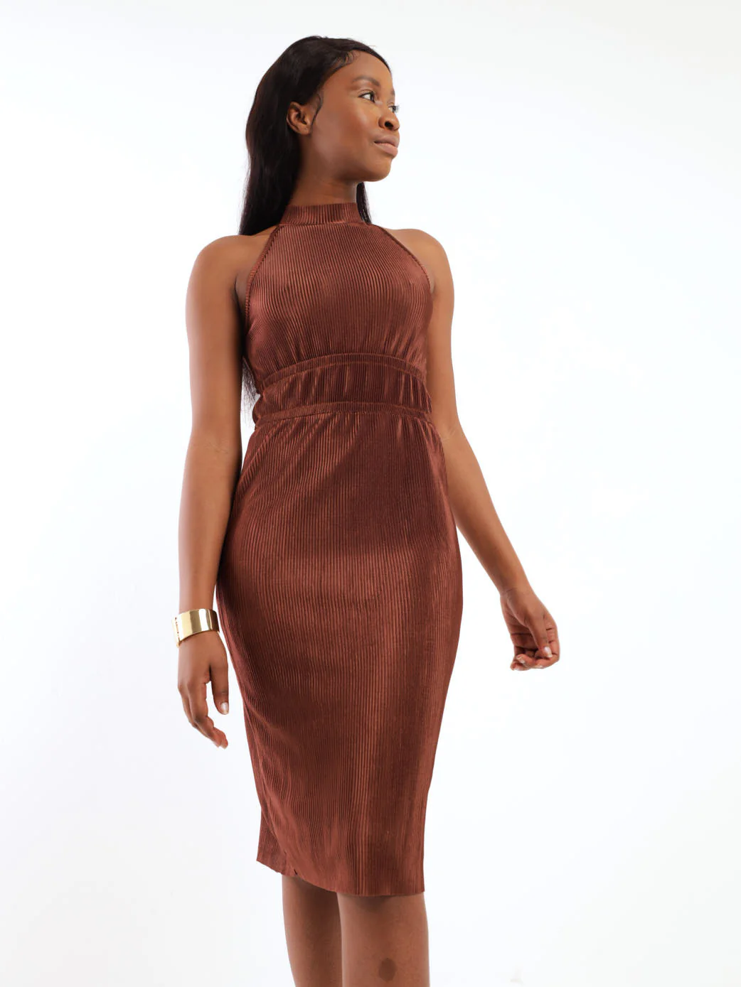 High-Neck Bodre Midi Dress - Brown