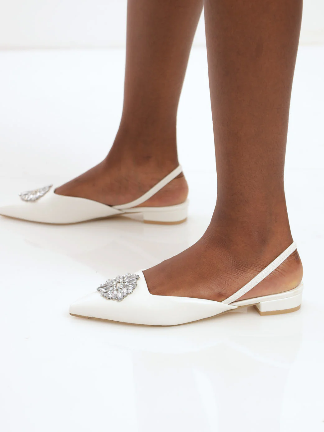 Jeweled Trim Pointy Slingback Flat Shoe - White