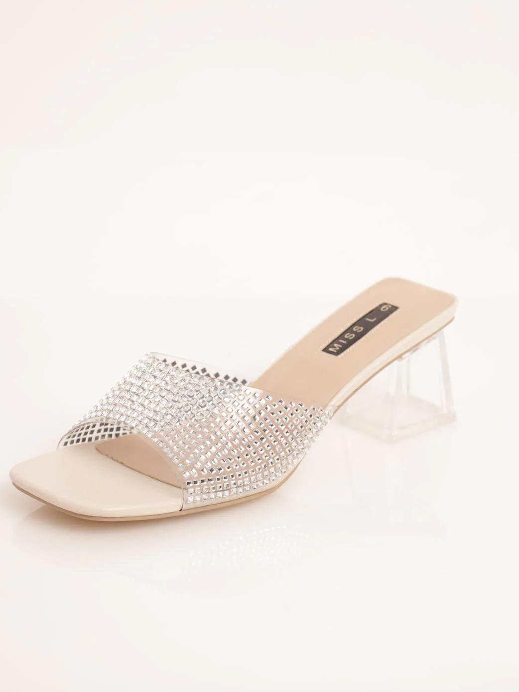 Jewelled Vinyl Mid Shaped Block Heel - Clear - Image 2