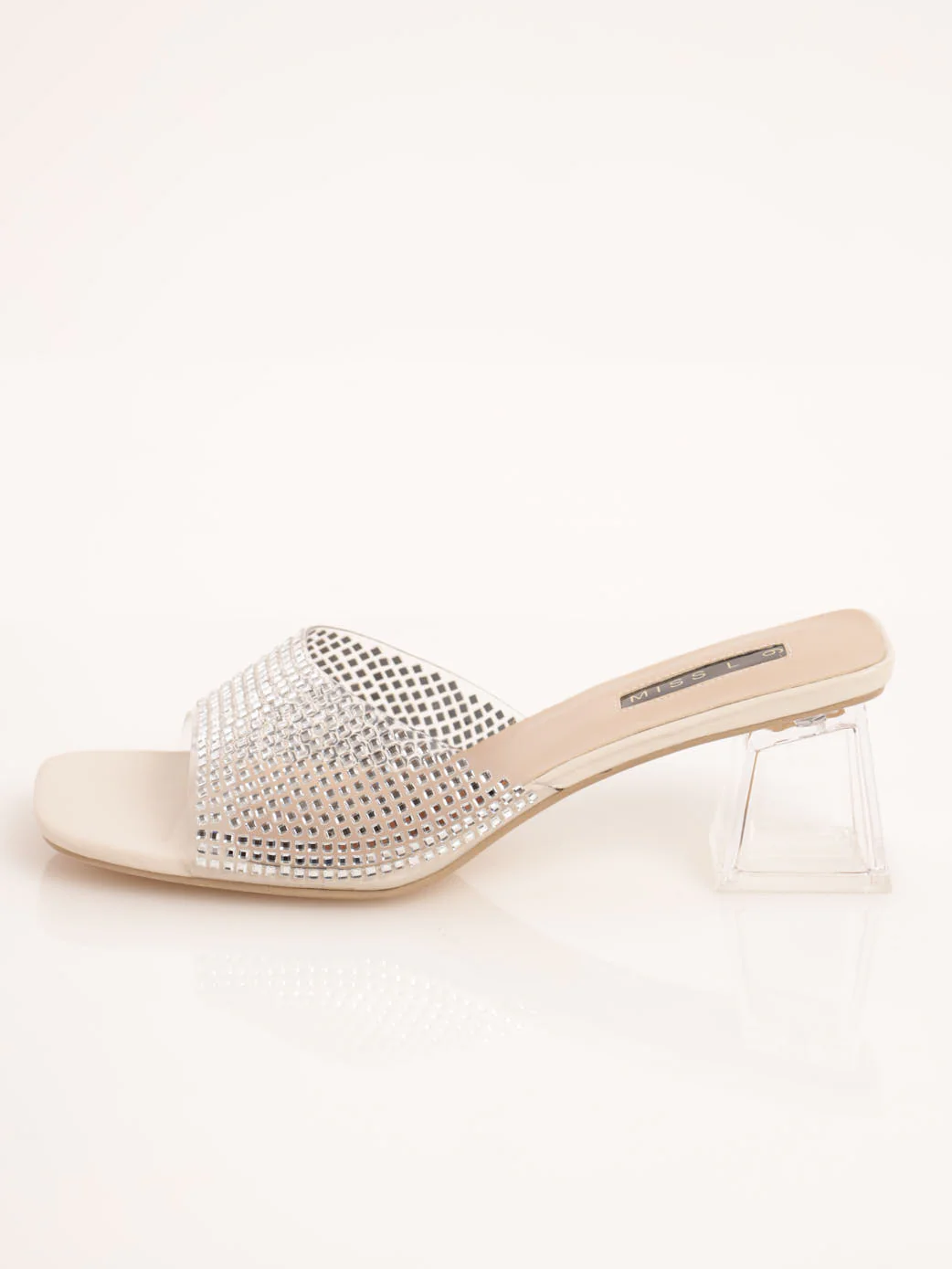 Jewelled Vinyl Mid Shaped Block Heel - Clear - Image 3