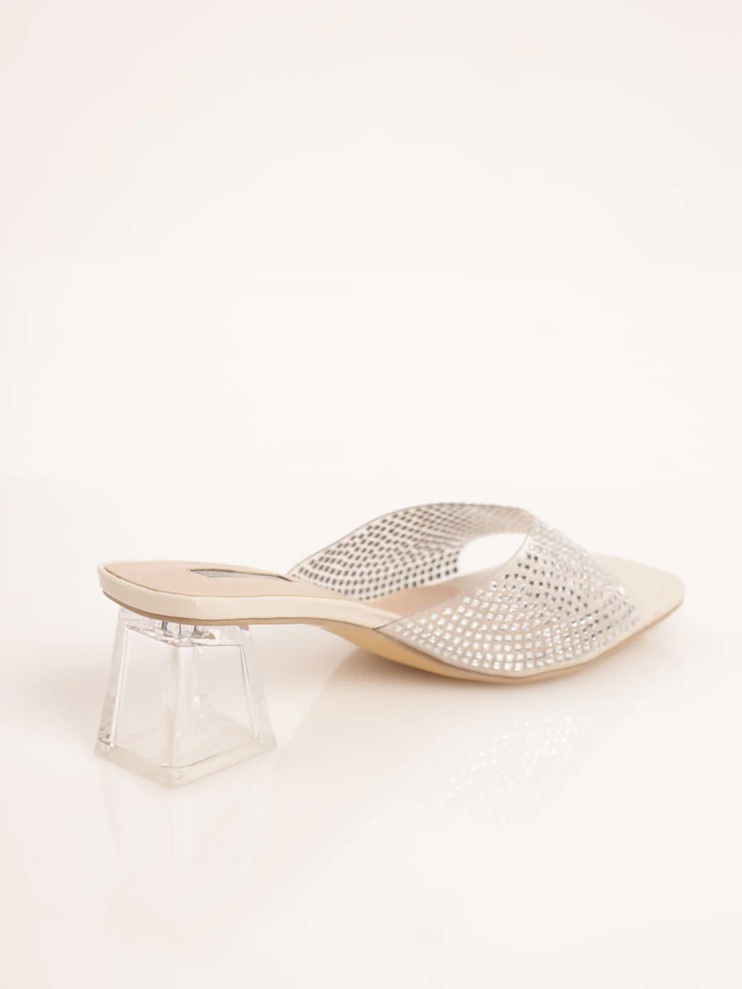 Jewelled Vinyl Mid Shaped Block Heel - Clear - Image 4