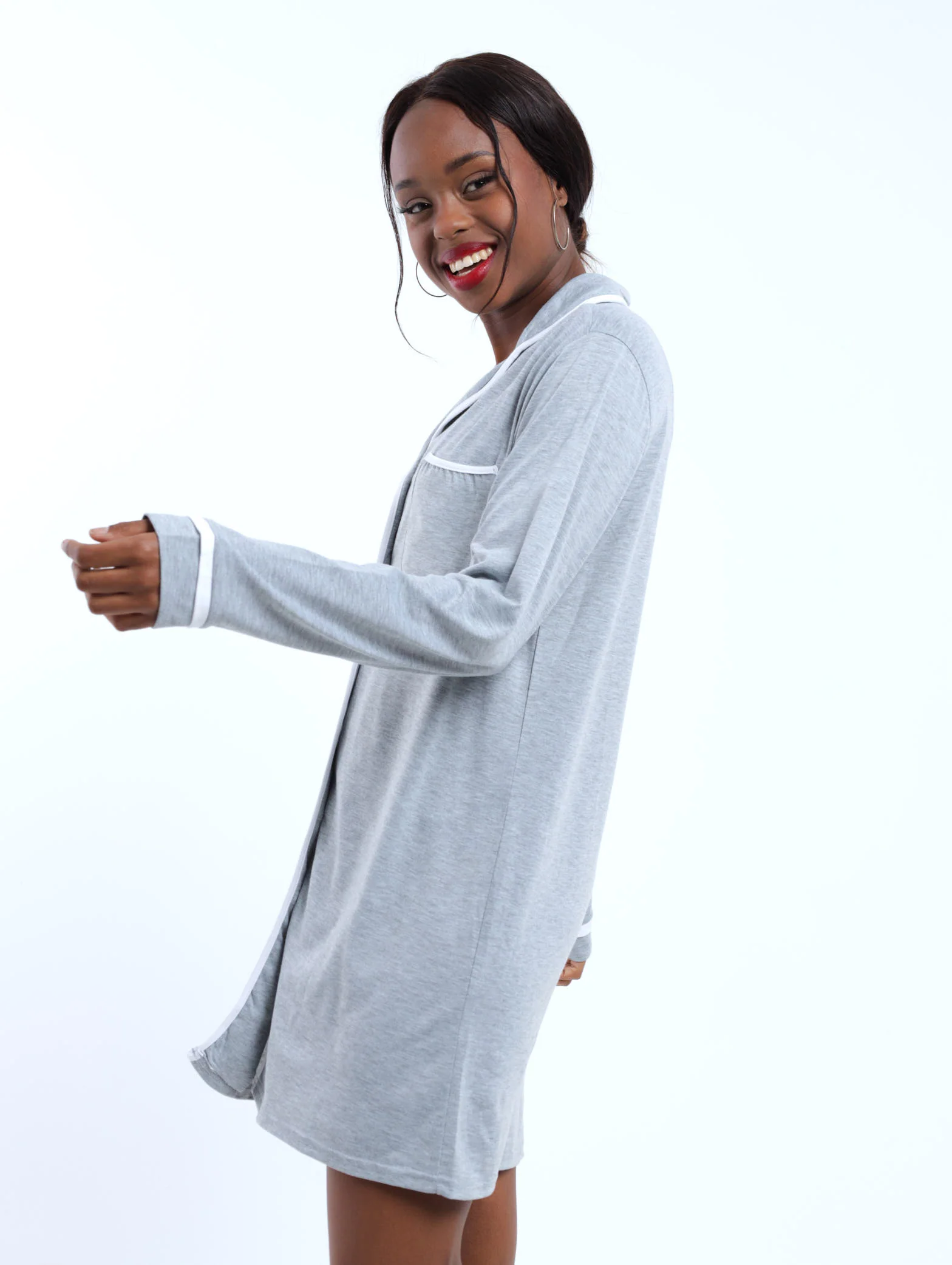 Knit Wide Piping Sleep Shirt - Grey Melange - Image 3
