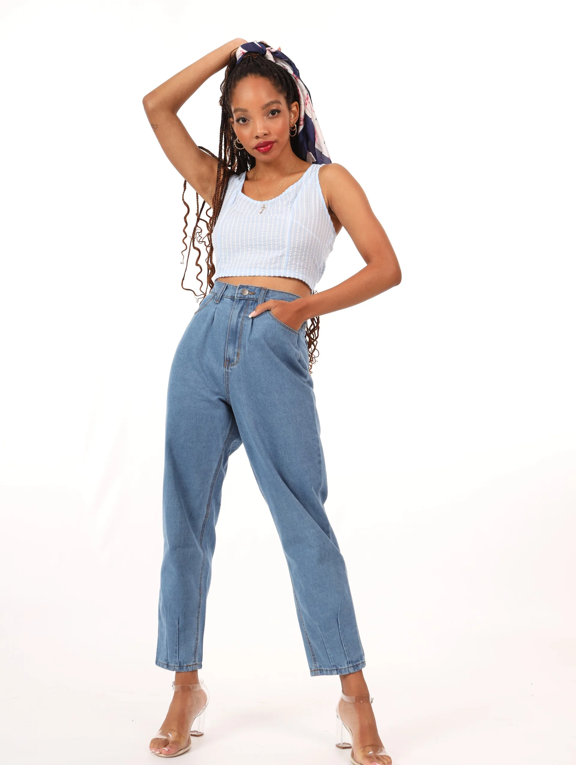 Laced Back Stripe Crop Tank - White/Blue - Image 2