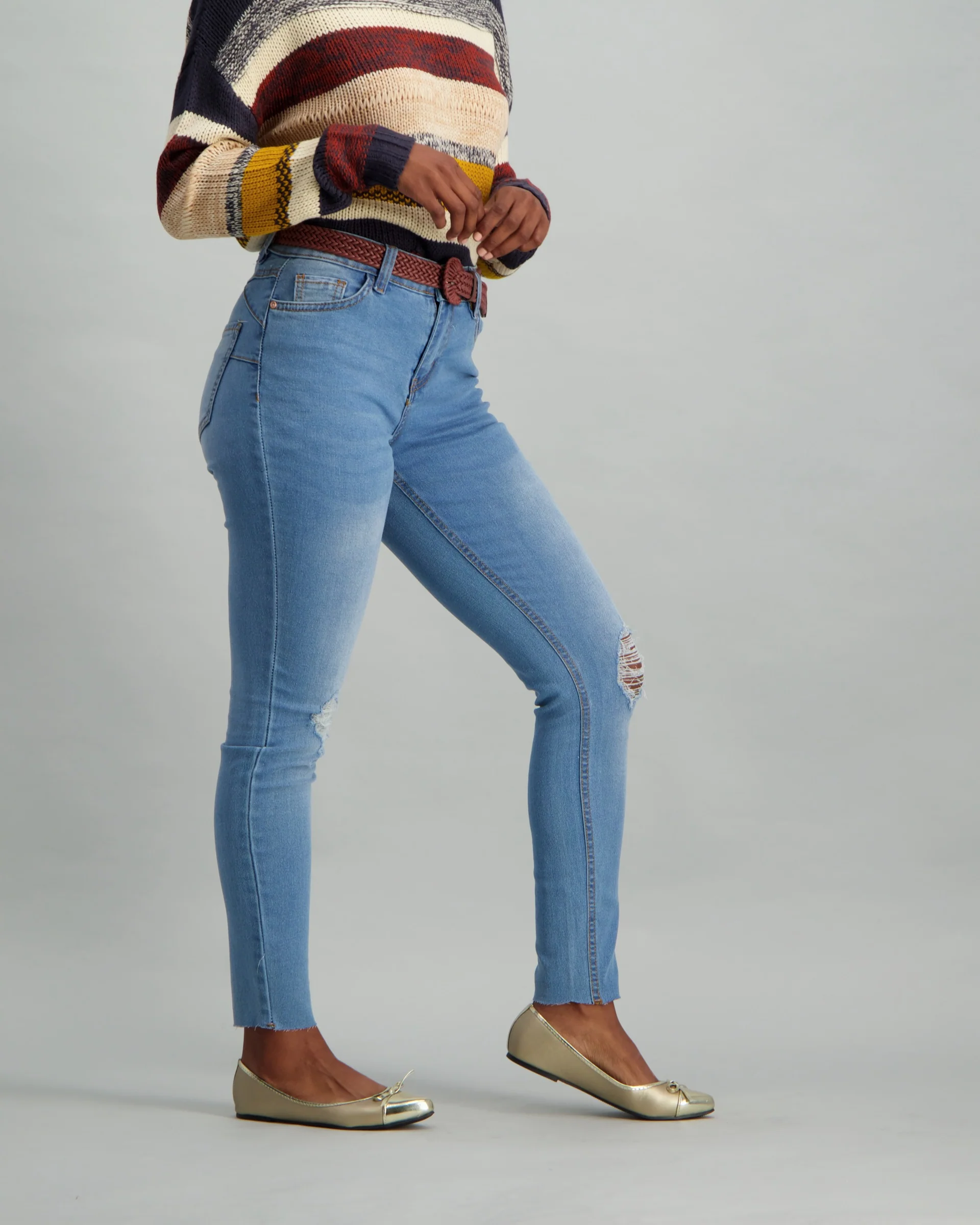 Light Wash Abraised Weave Belt Skinny Denim Jean - Image 2