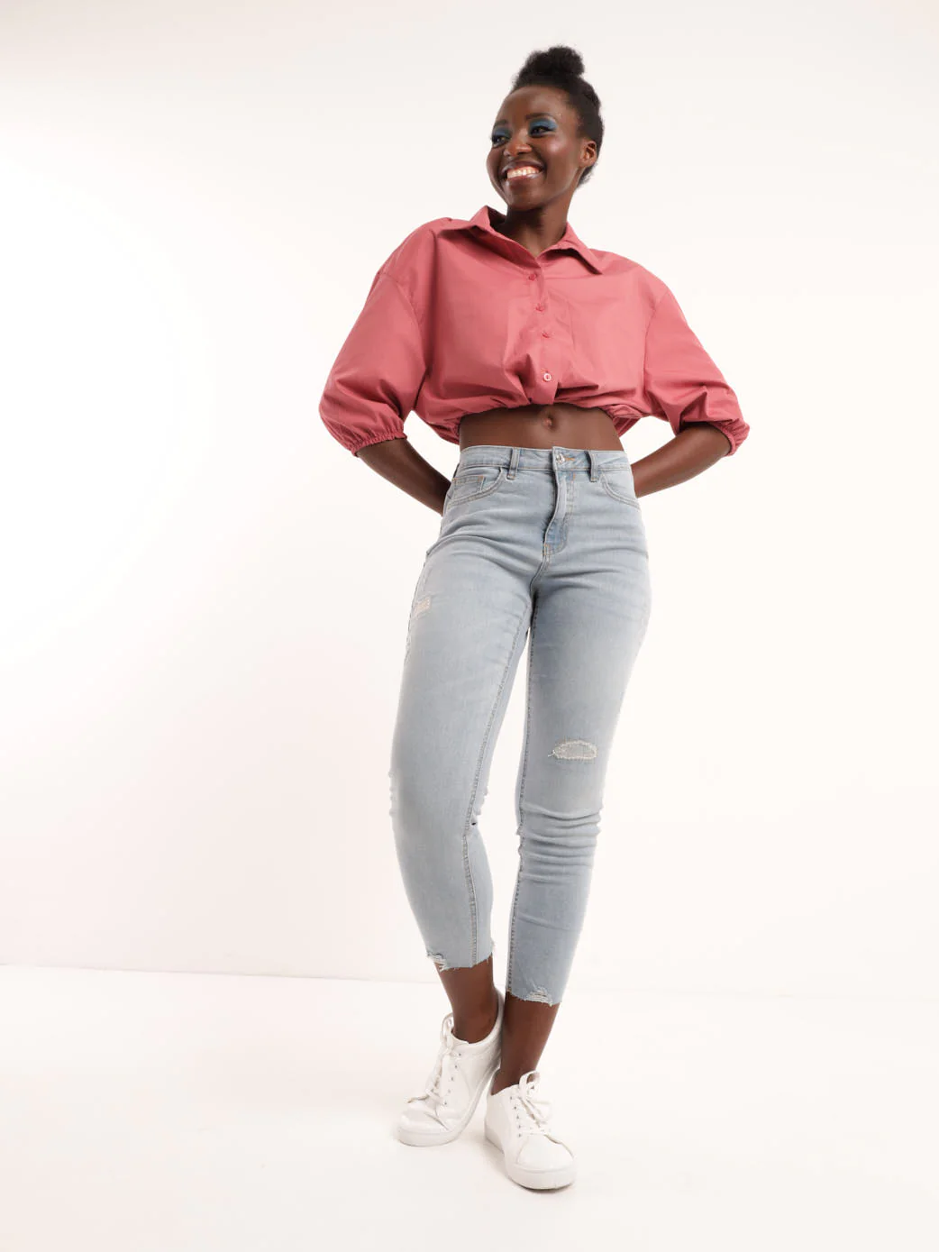 Light Wash Chewed Hem Abraised Skinny Denim Jean - Image 2
