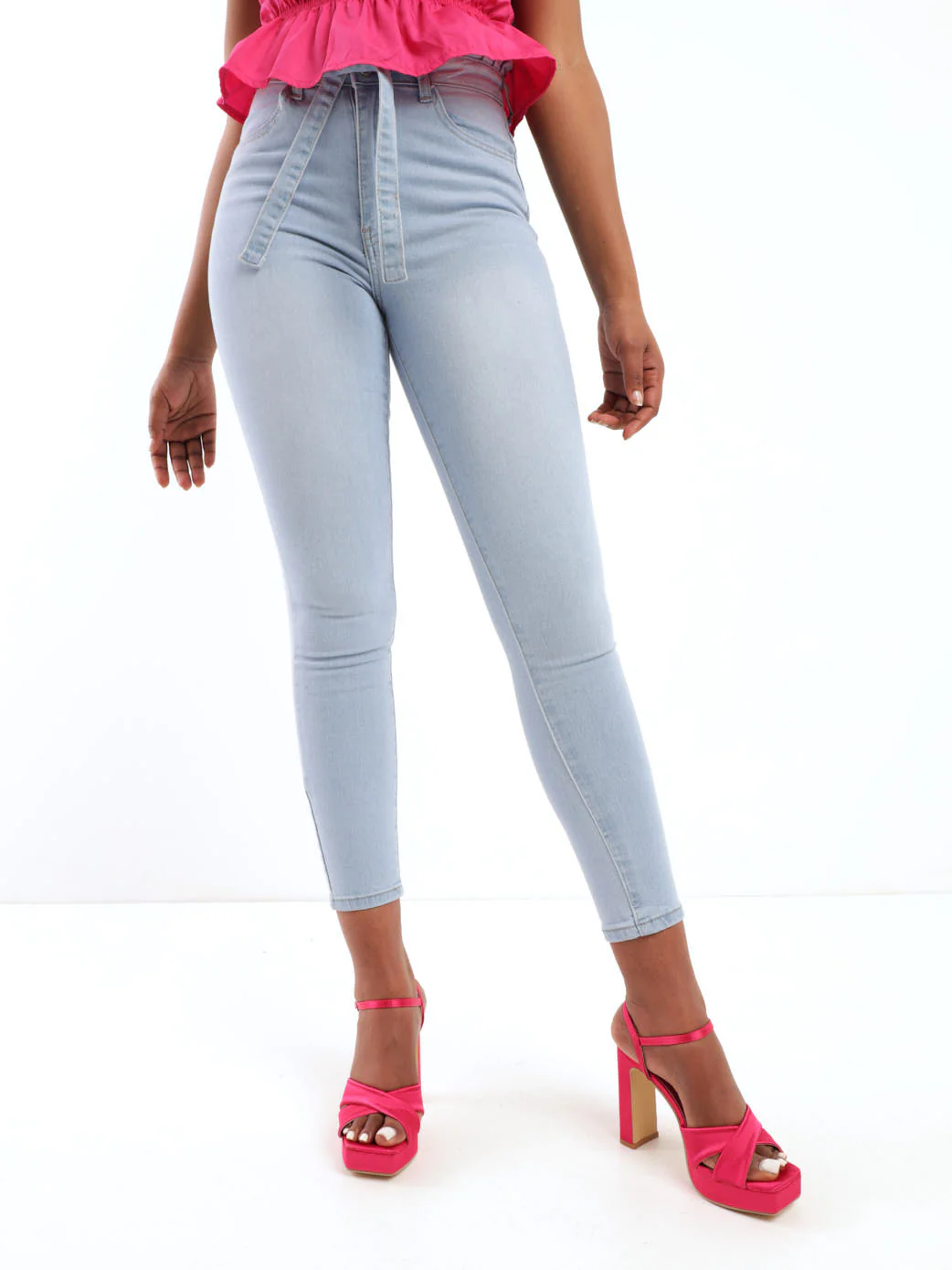 Light Wash Frill Waistband Tie Belt Skinny Denim Jean