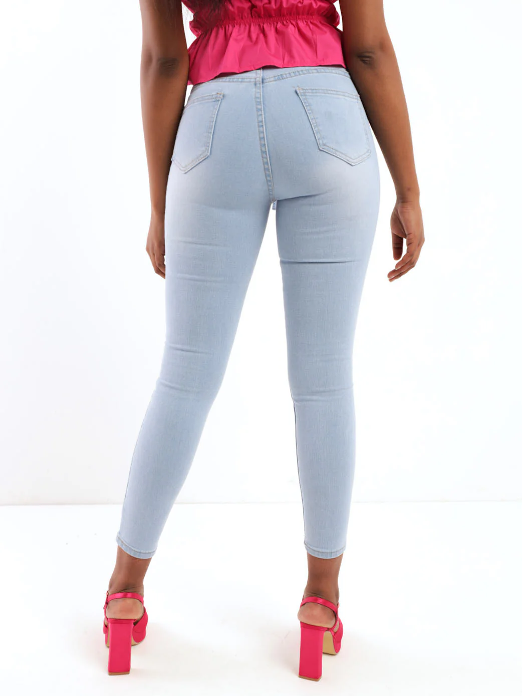 Light Wash Frill Waistband Tie Belt Skinny Denim Jean - Image 4