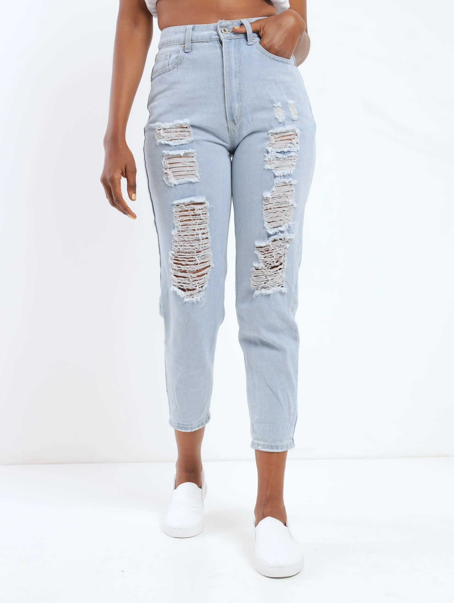Light Wash Heavily Abraised Denim Mom Jean