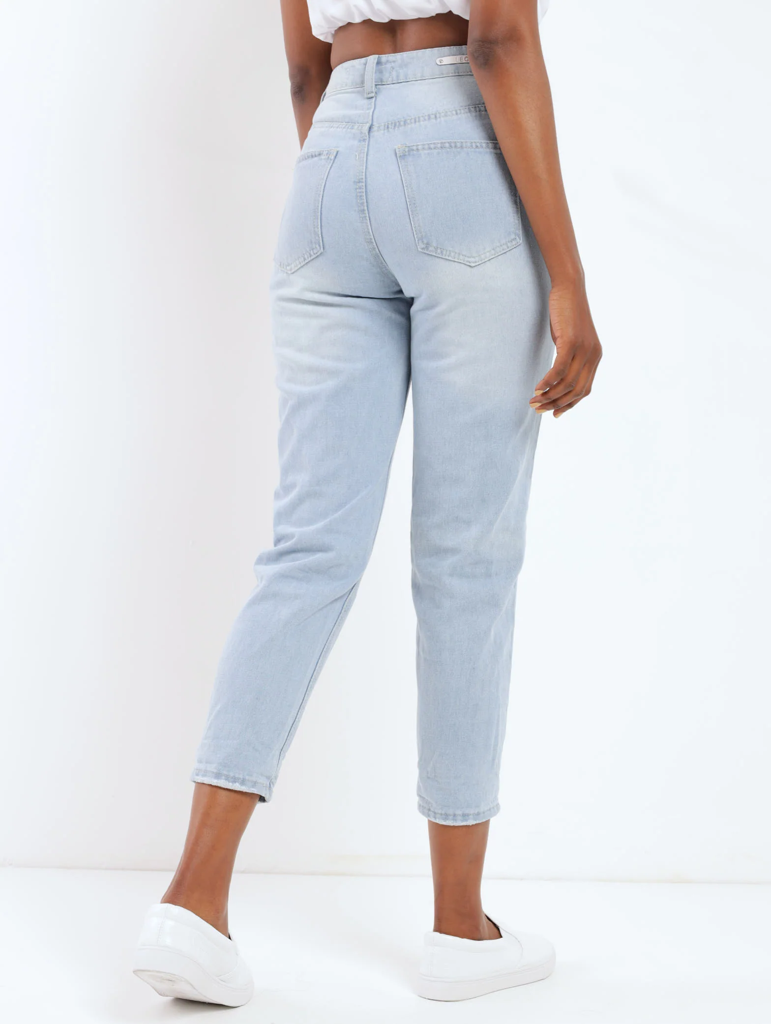 Light Wash Heavily Abraised Denim Mom Jean - Image 3