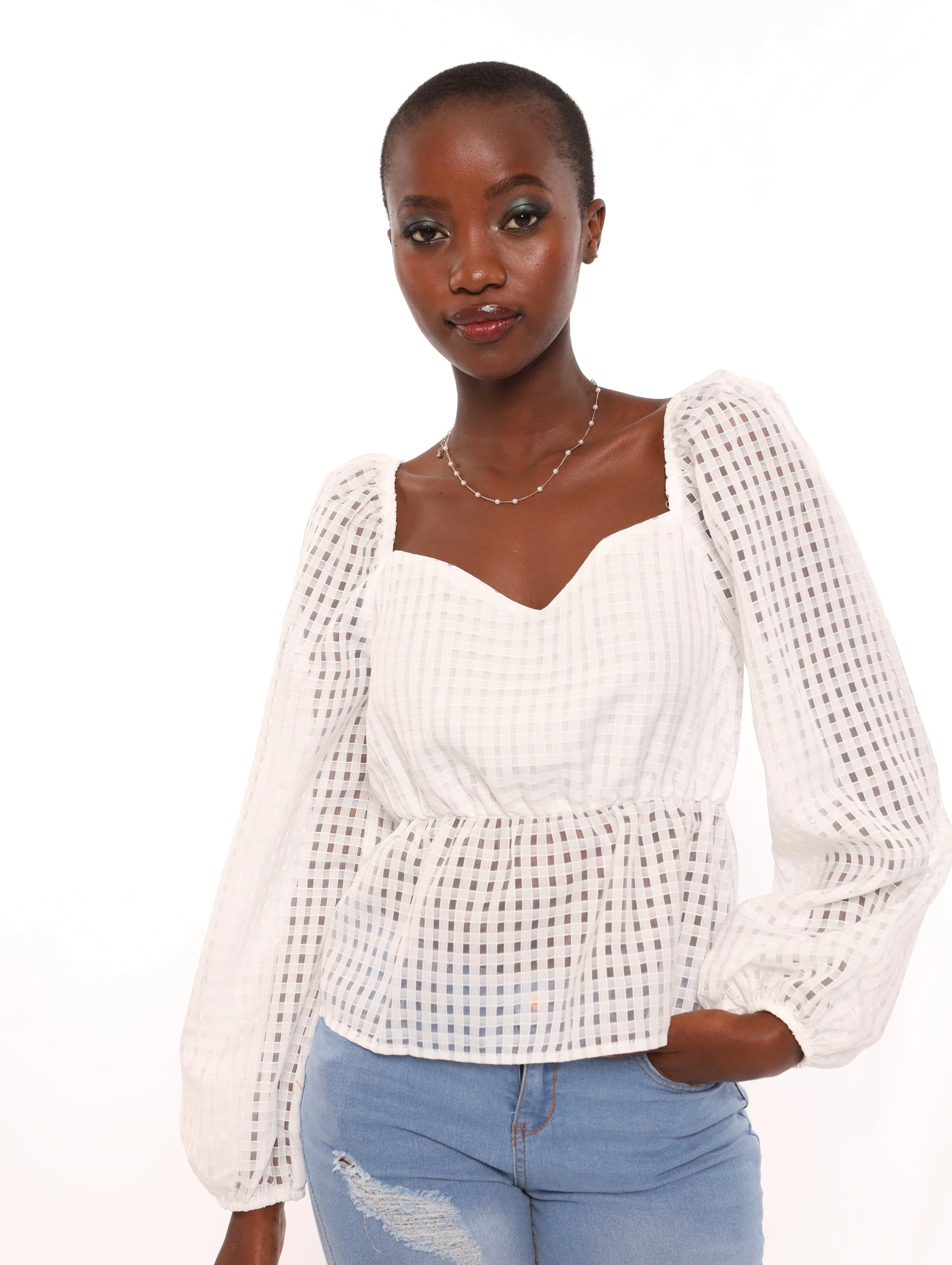 Long Bubble Sleeve Check Blouse - White - Image 3