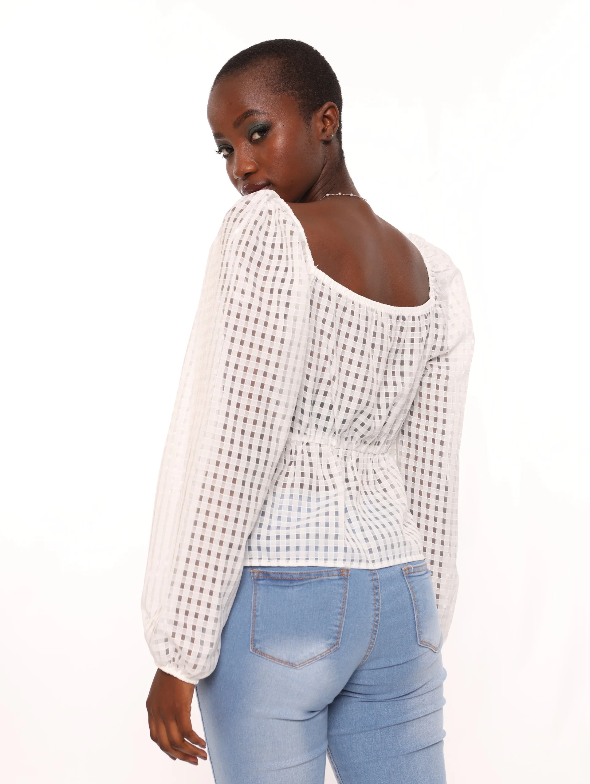 Long Bubble Sleeve Check Blouse - White - Image 4