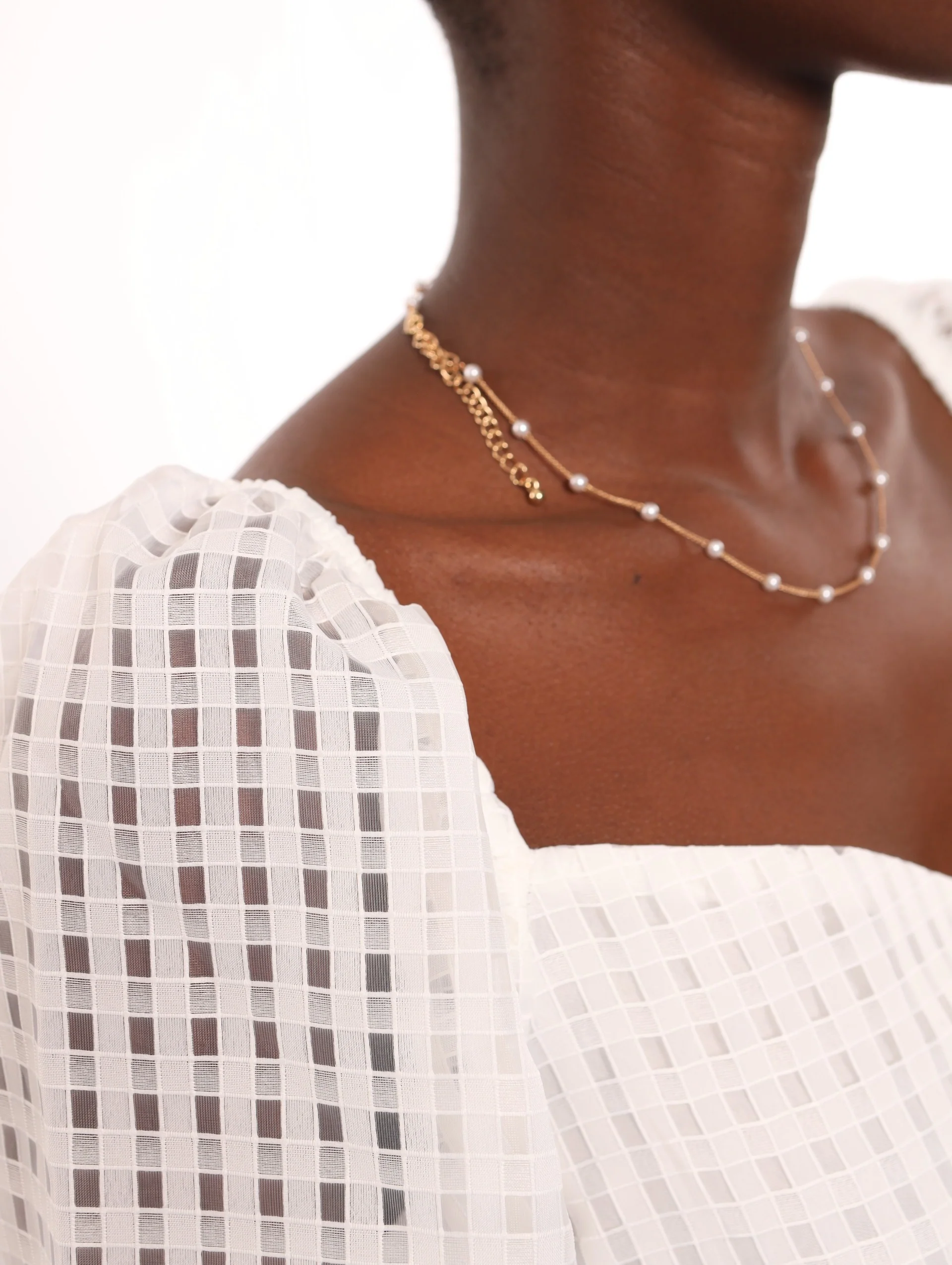 Long Bubble Sleeve Check Blouse - White - Image 5