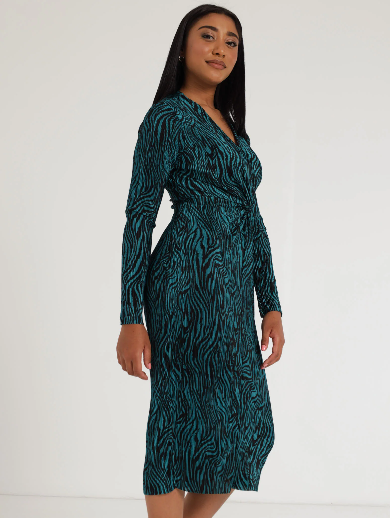 Long Sleeve Animal Print Bodre Dress -Teal - Image 2