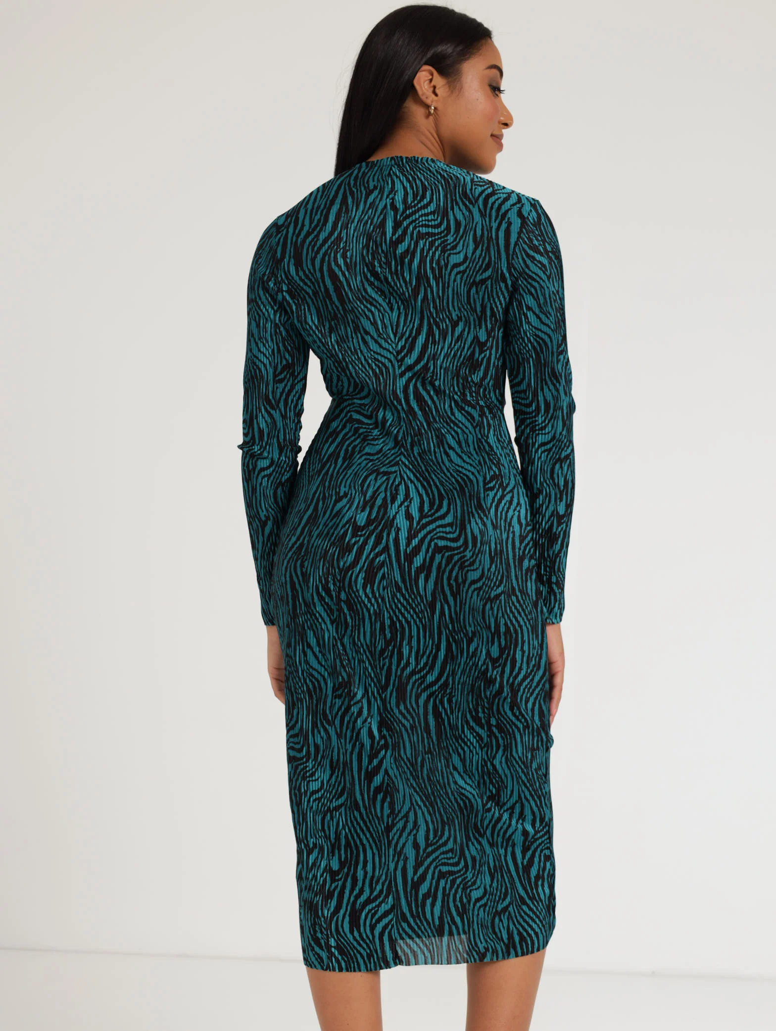 Long Sleeve Animal Print Bodre Dress -Teal - Image 3