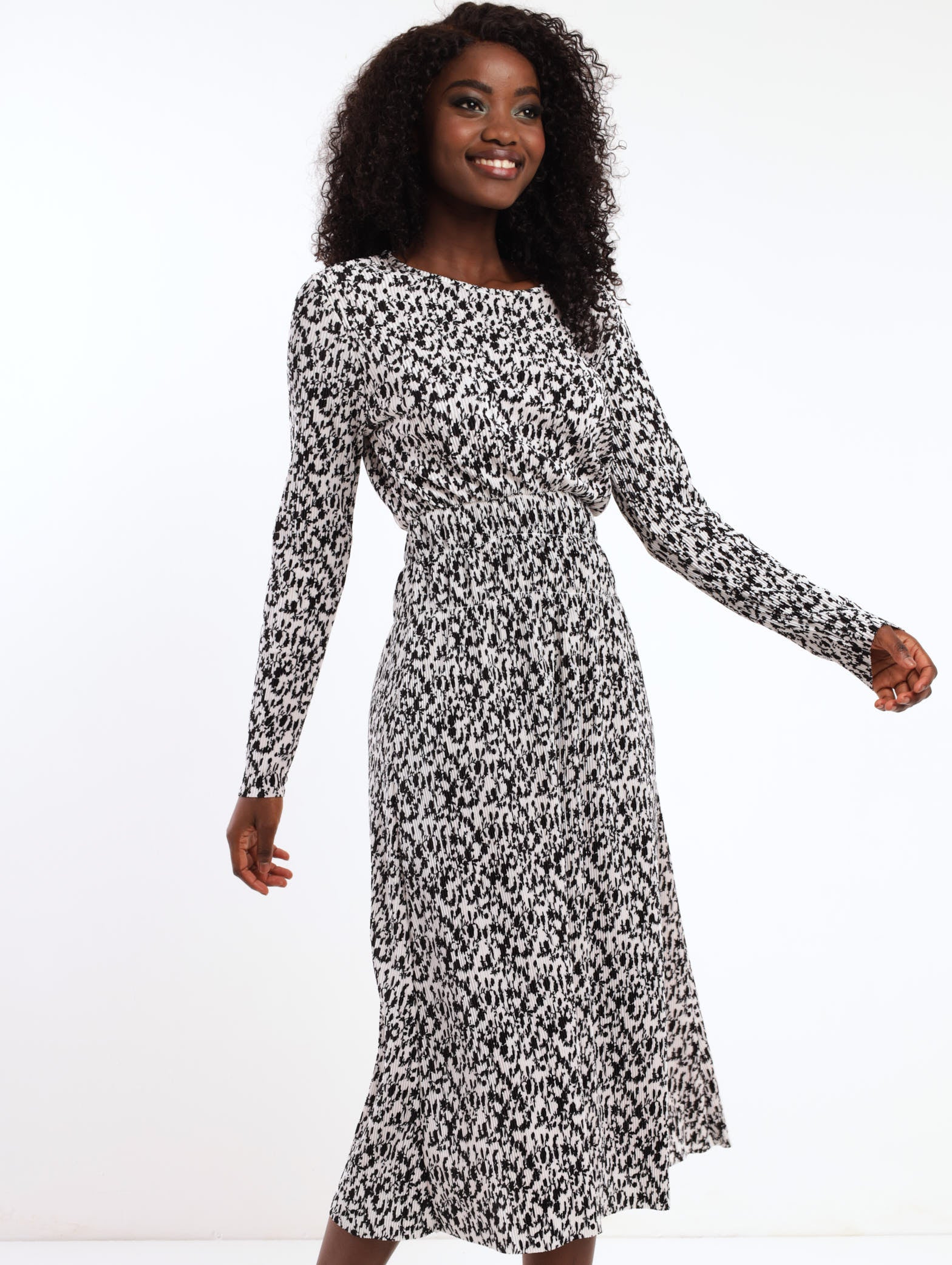 Long Sleeve Bodre Elastic Waist Midi Dress - Floral