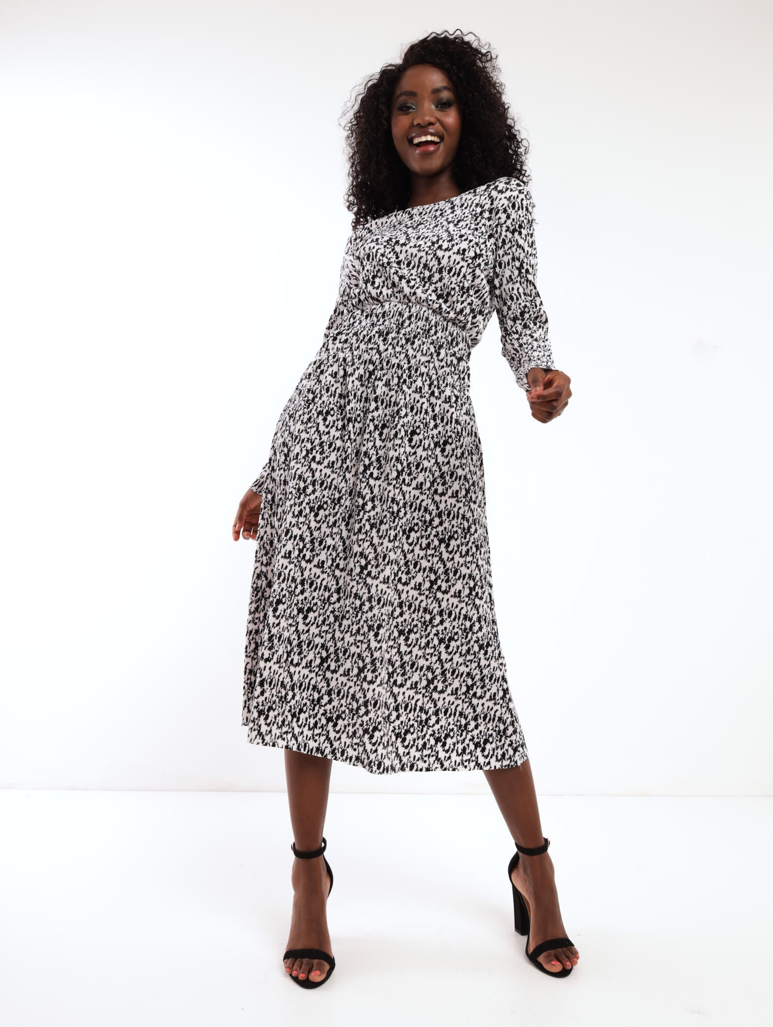 Long Sleeve Bodre Elastic Waist Midi Dress - Floral - Image 2